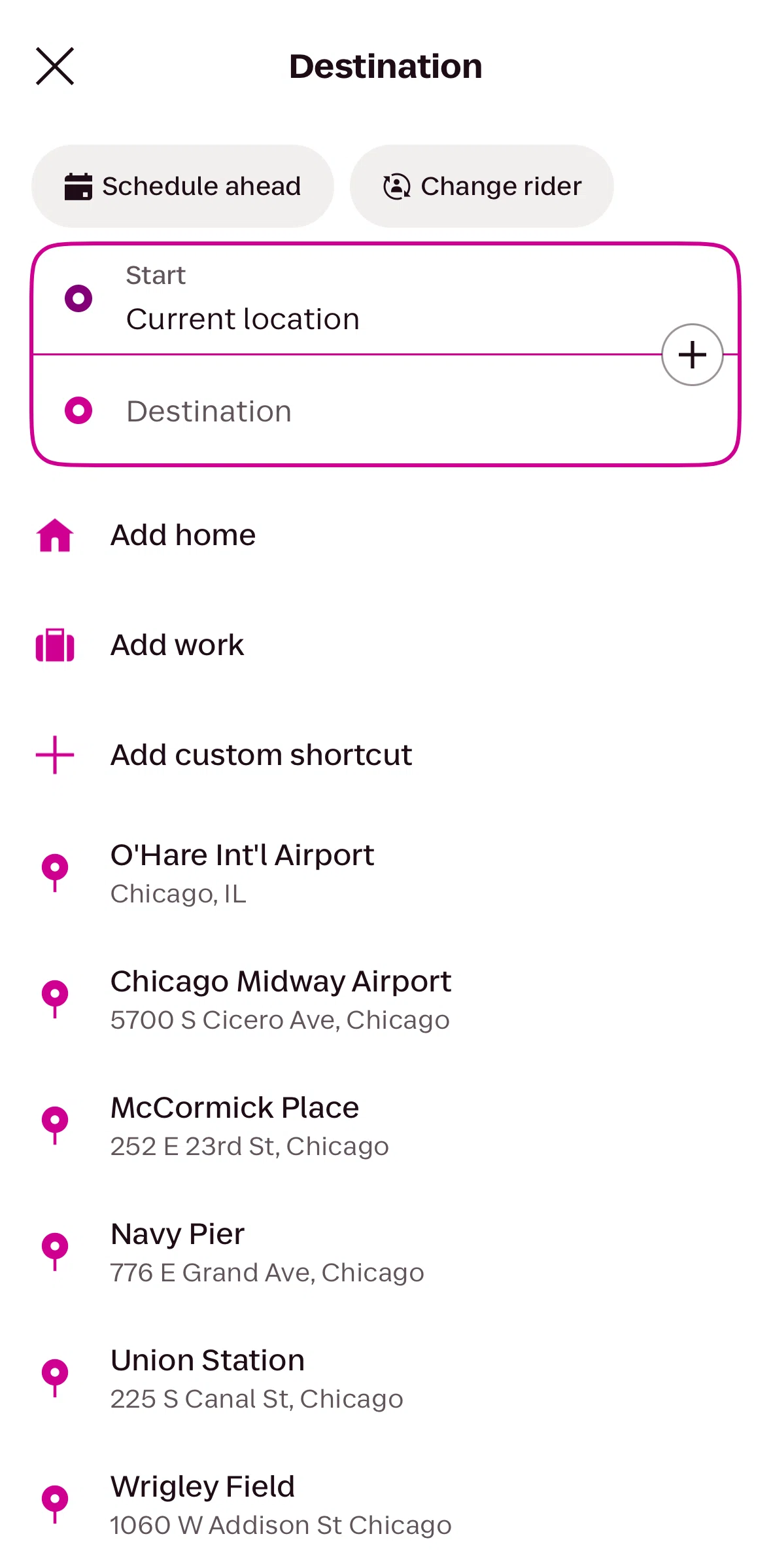 Lyft Screen screen in the Changing a rider flow