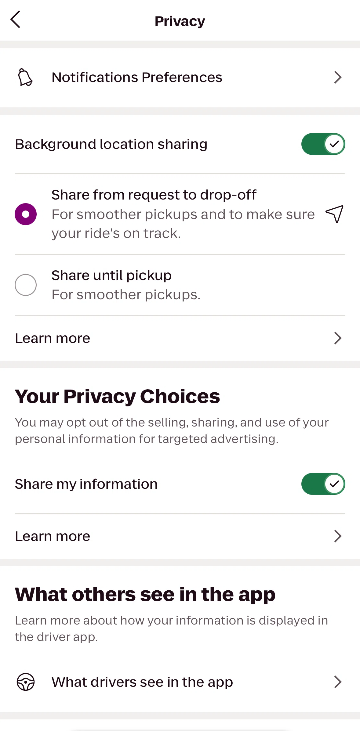Lyft Screen screen in the Changing notifications preferences flow