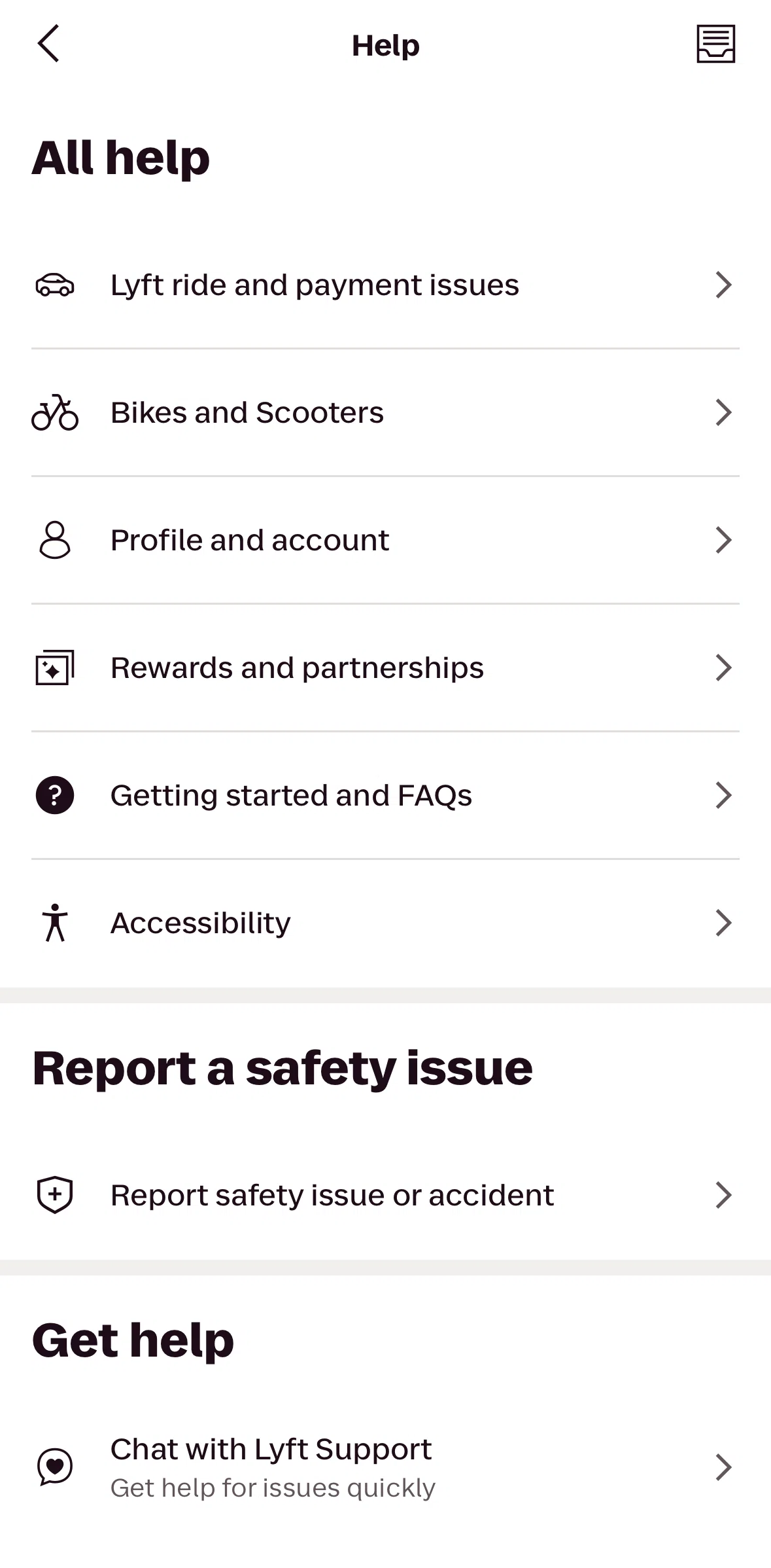 Lyft Screen screen in the Chatting with Lyft Support flow