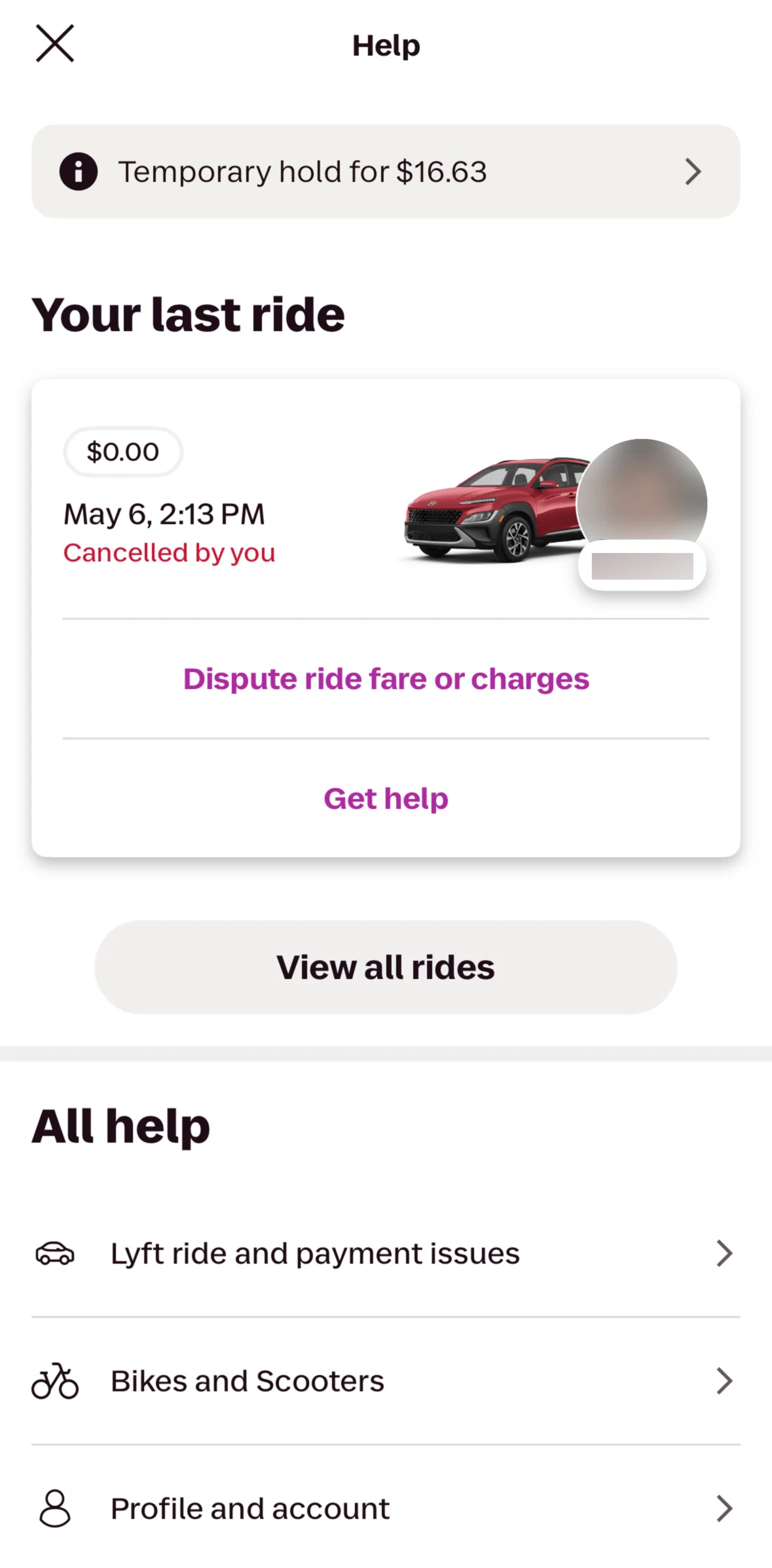 Lyft Screen screen in the Dispute a ride fare flow