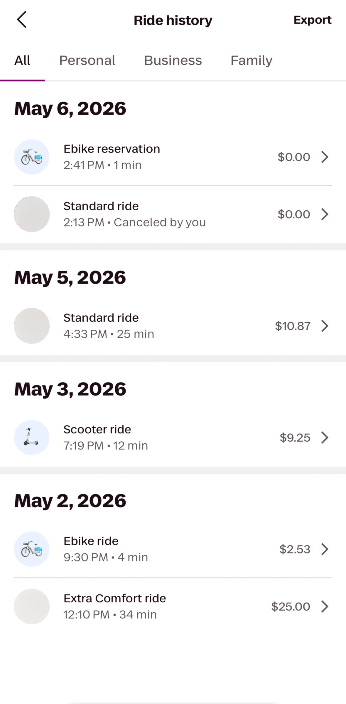 Lyft Screen screen in the Exporting ride history flow