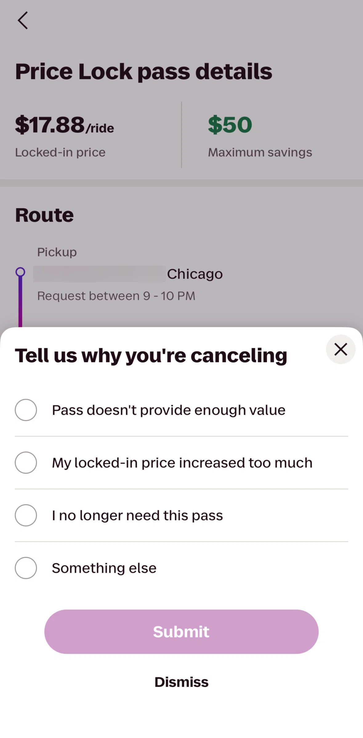 Lyft Screen screen in the Giving a feedback (Price Lock Pass) flow