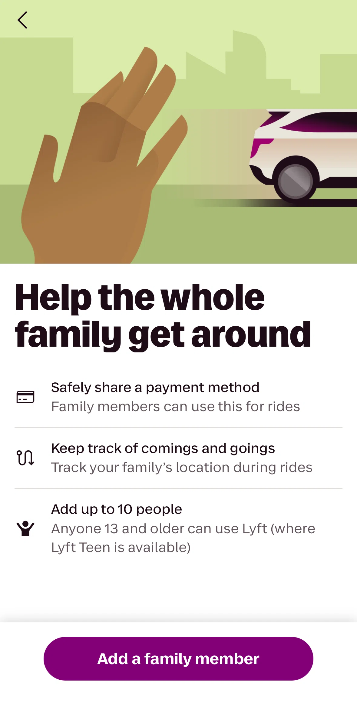 Lyft Screen screen in the Inviting a family member flow