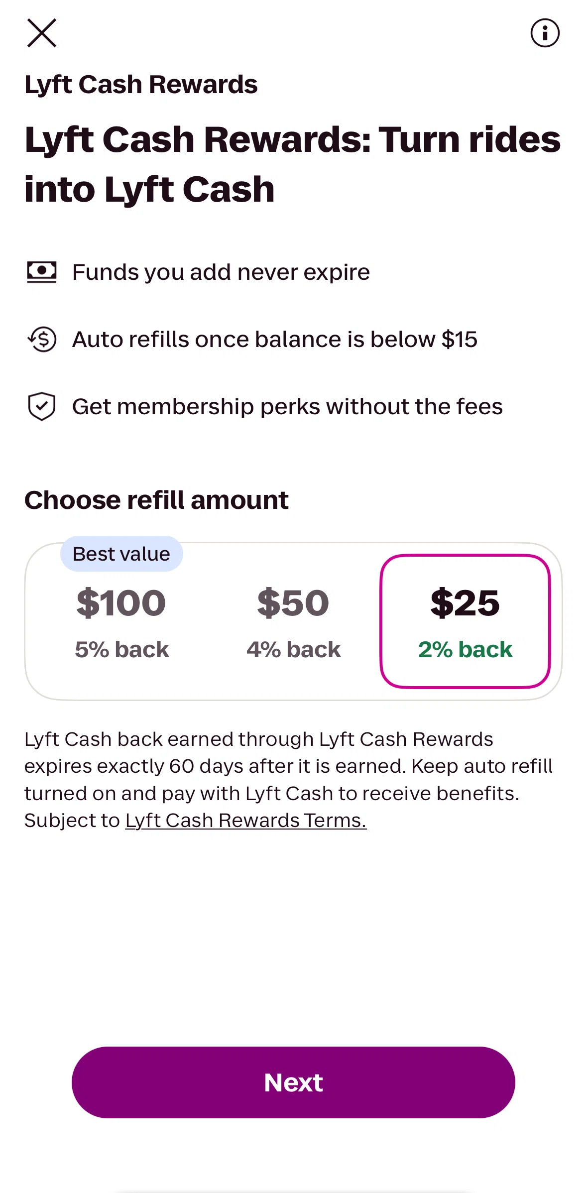 Lyft Screen screen in the Lyft Cash rewards information flow