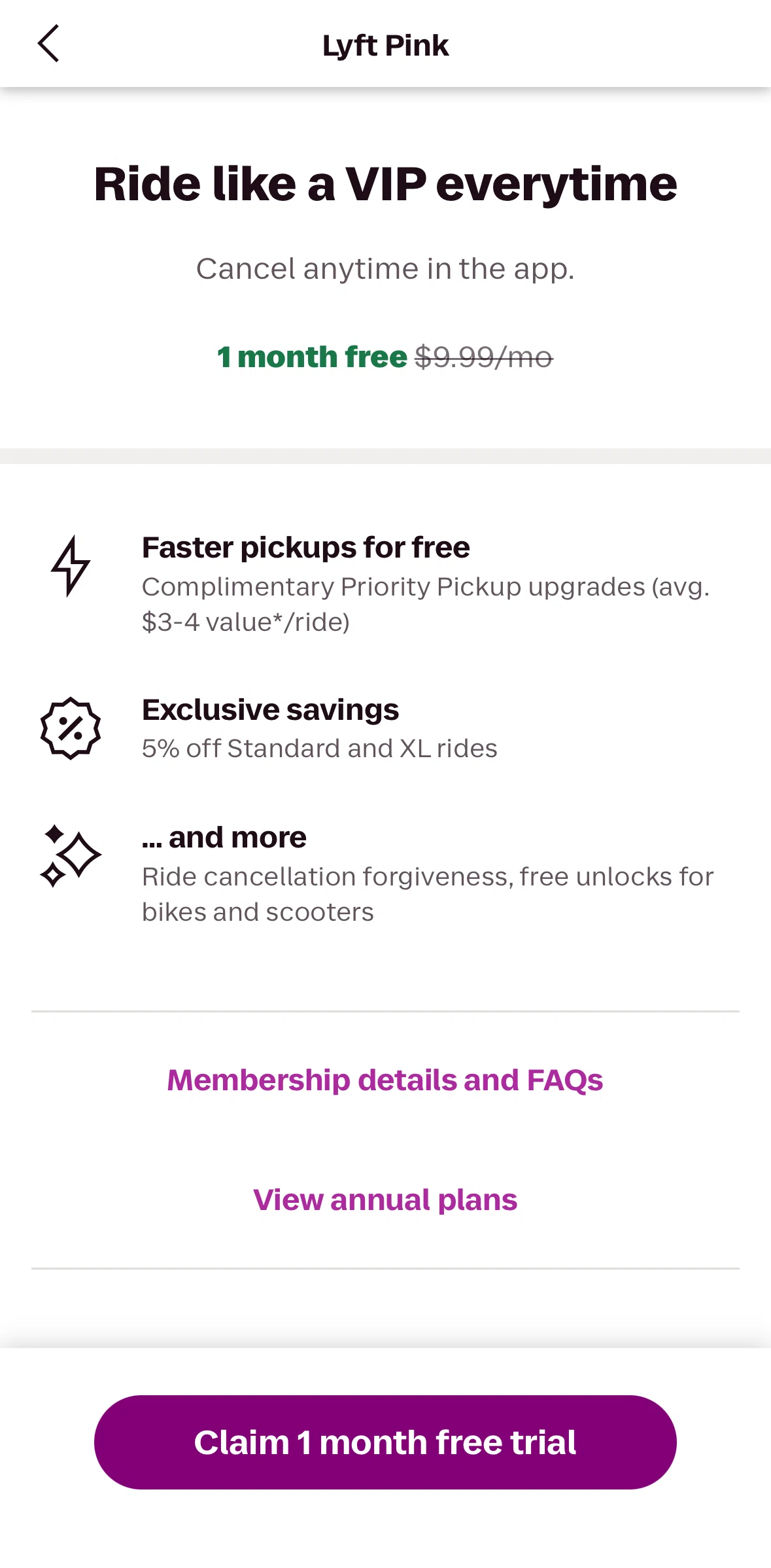 Lyft Screen screen in the Lyft Pink FAQs flow