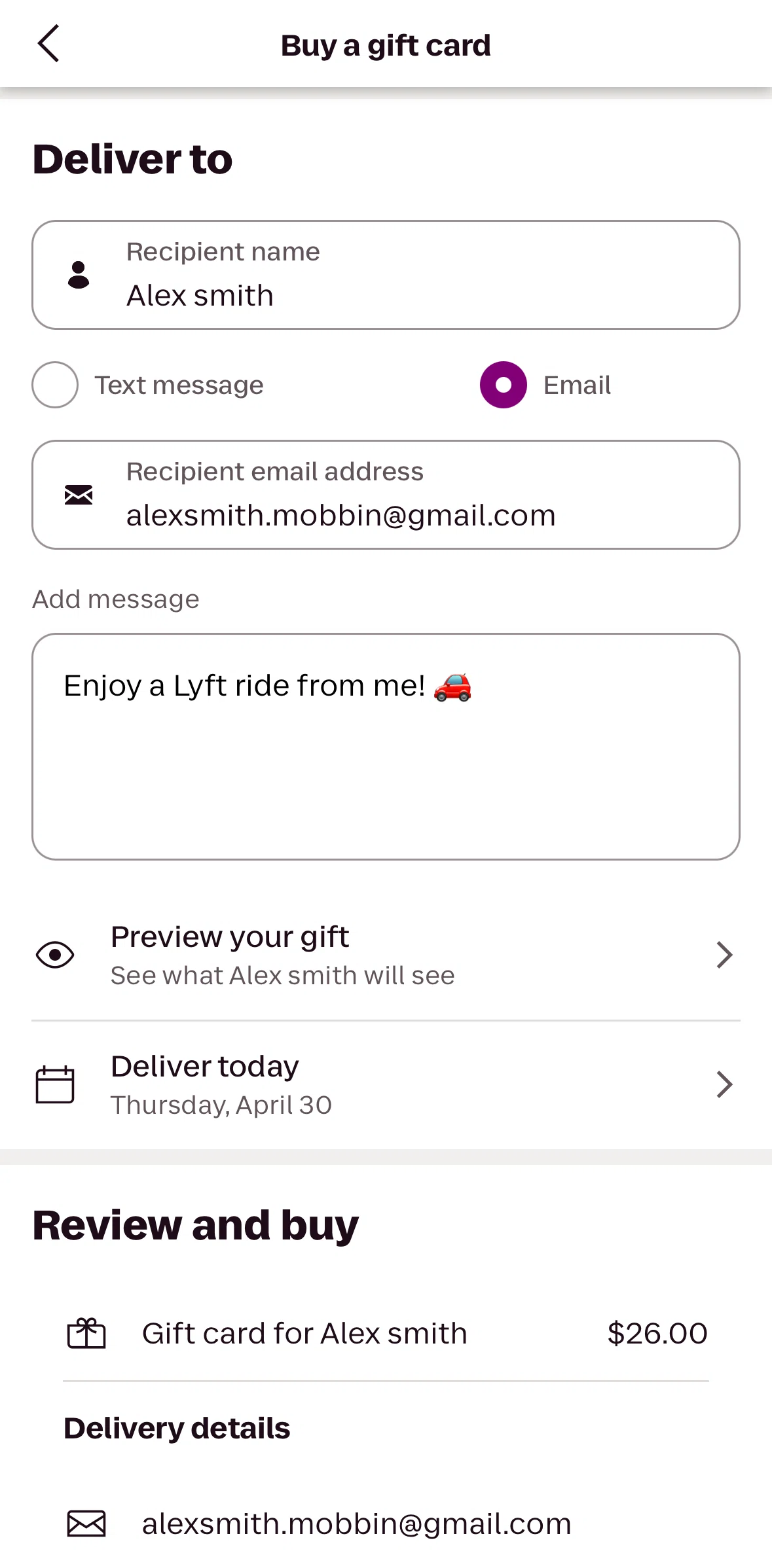 Lyft Screen screen in the Preview a gift card flow