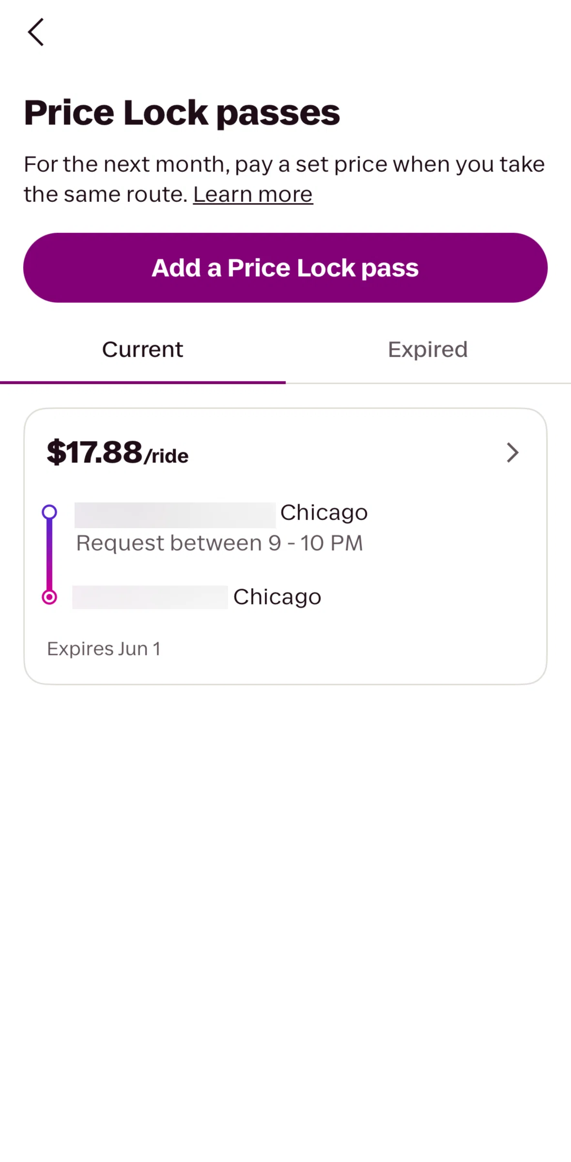 Lyft Screen screen in the Price Lock pass detail flow