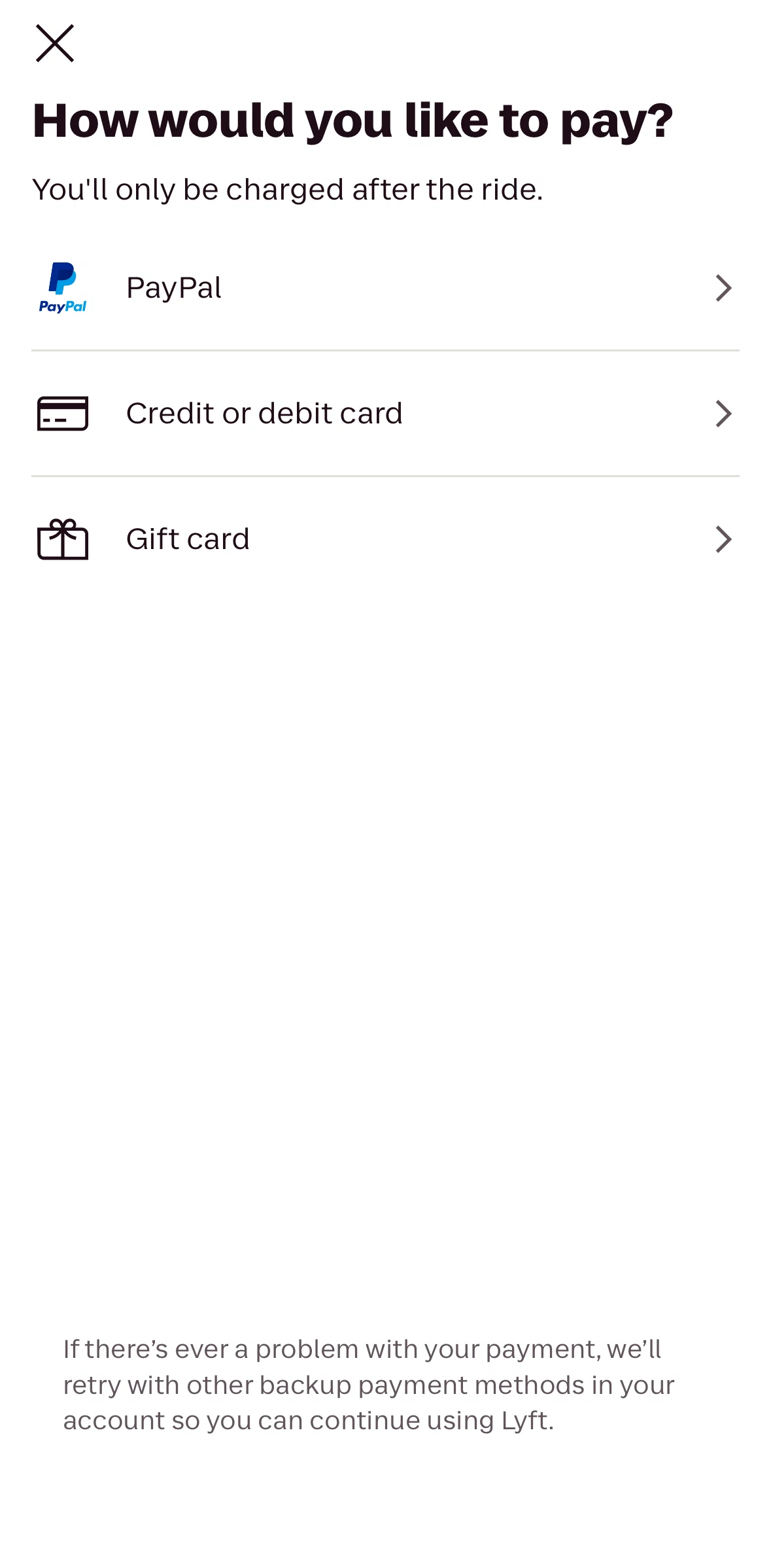 Lyft Screen screen in the Purchasing a gift card flow