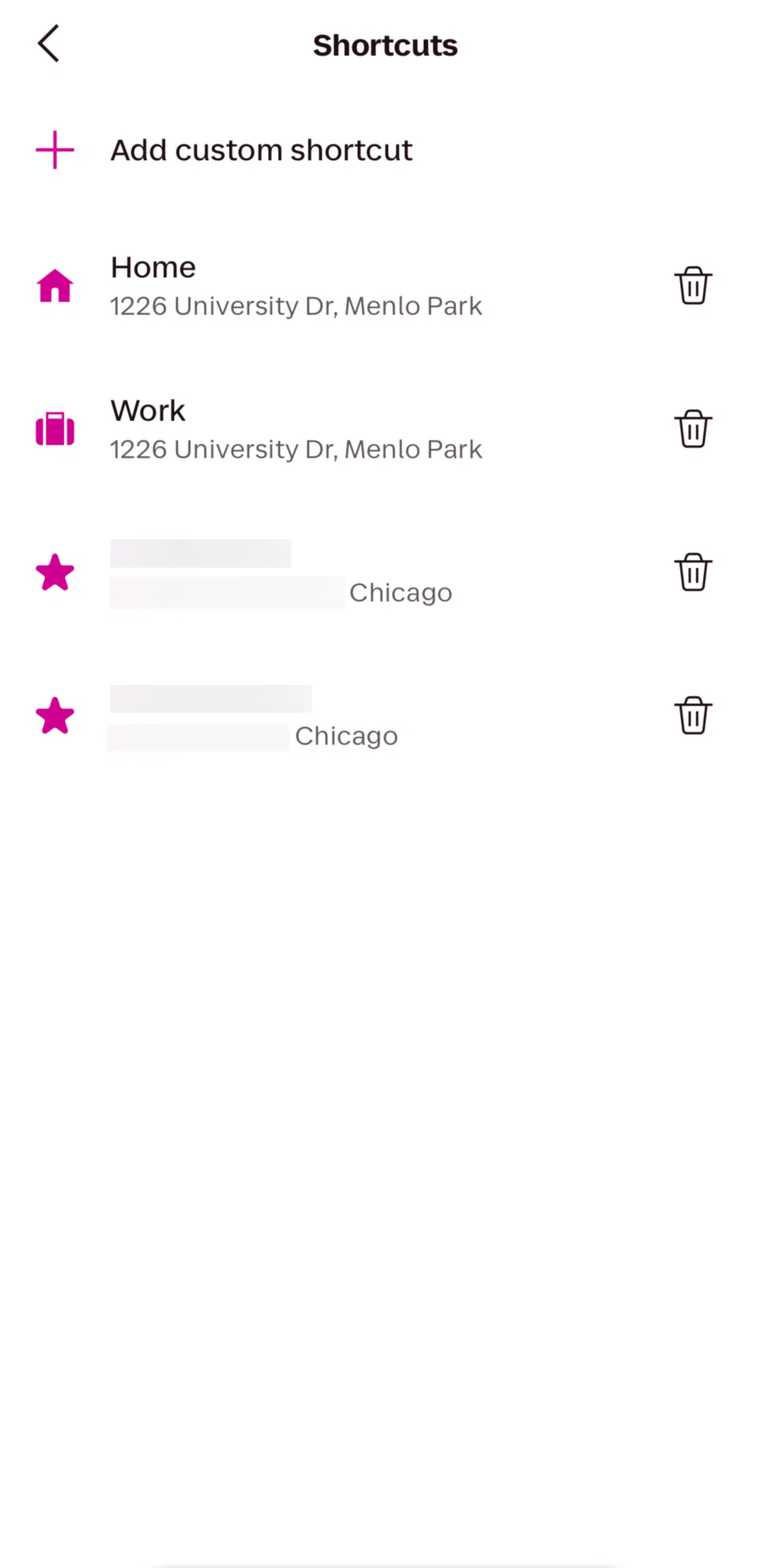Lyft Screen screen in the Removing a shortcut flow