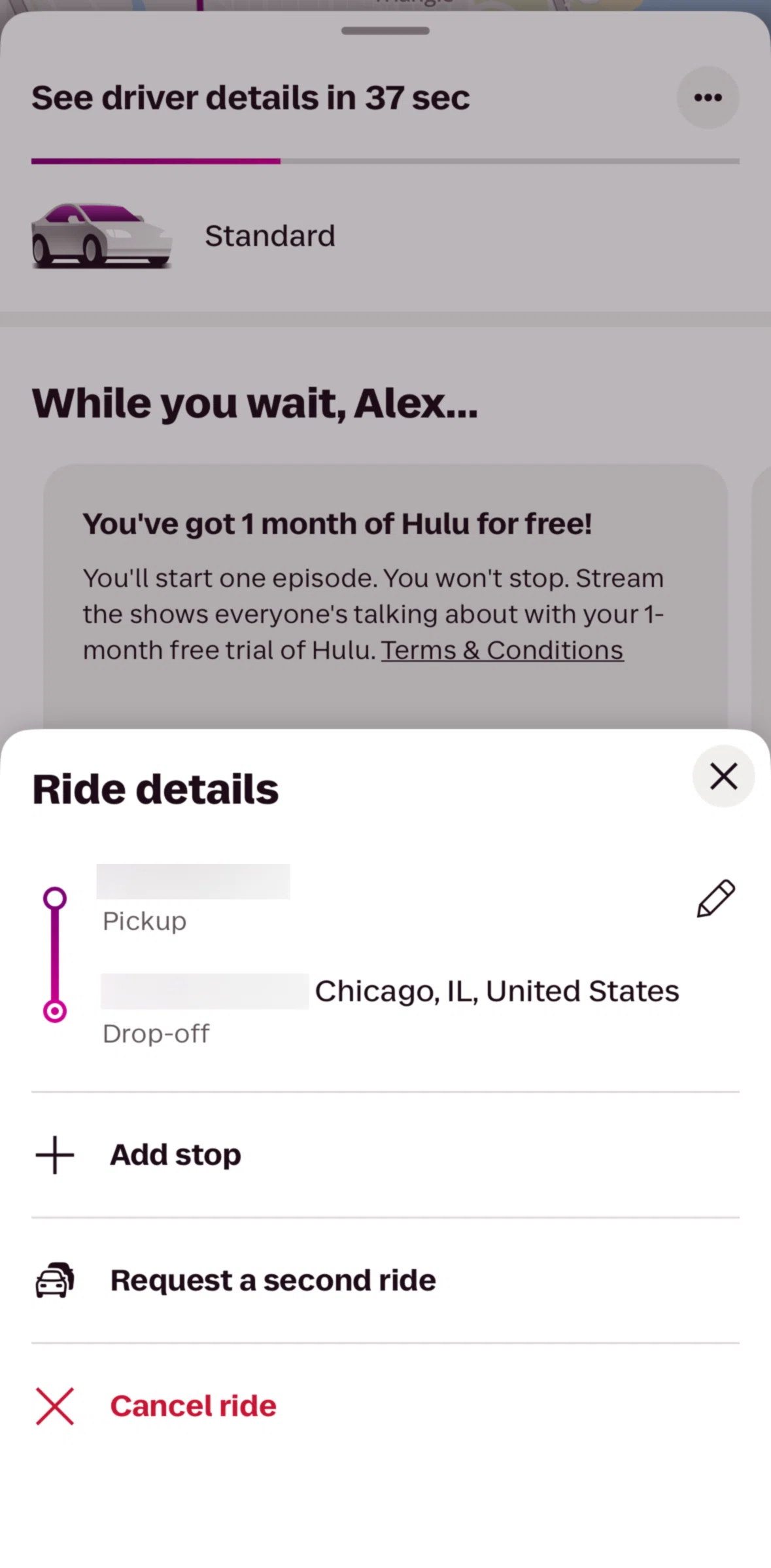 Lyft Screen screen in the Requesting a second ride flow