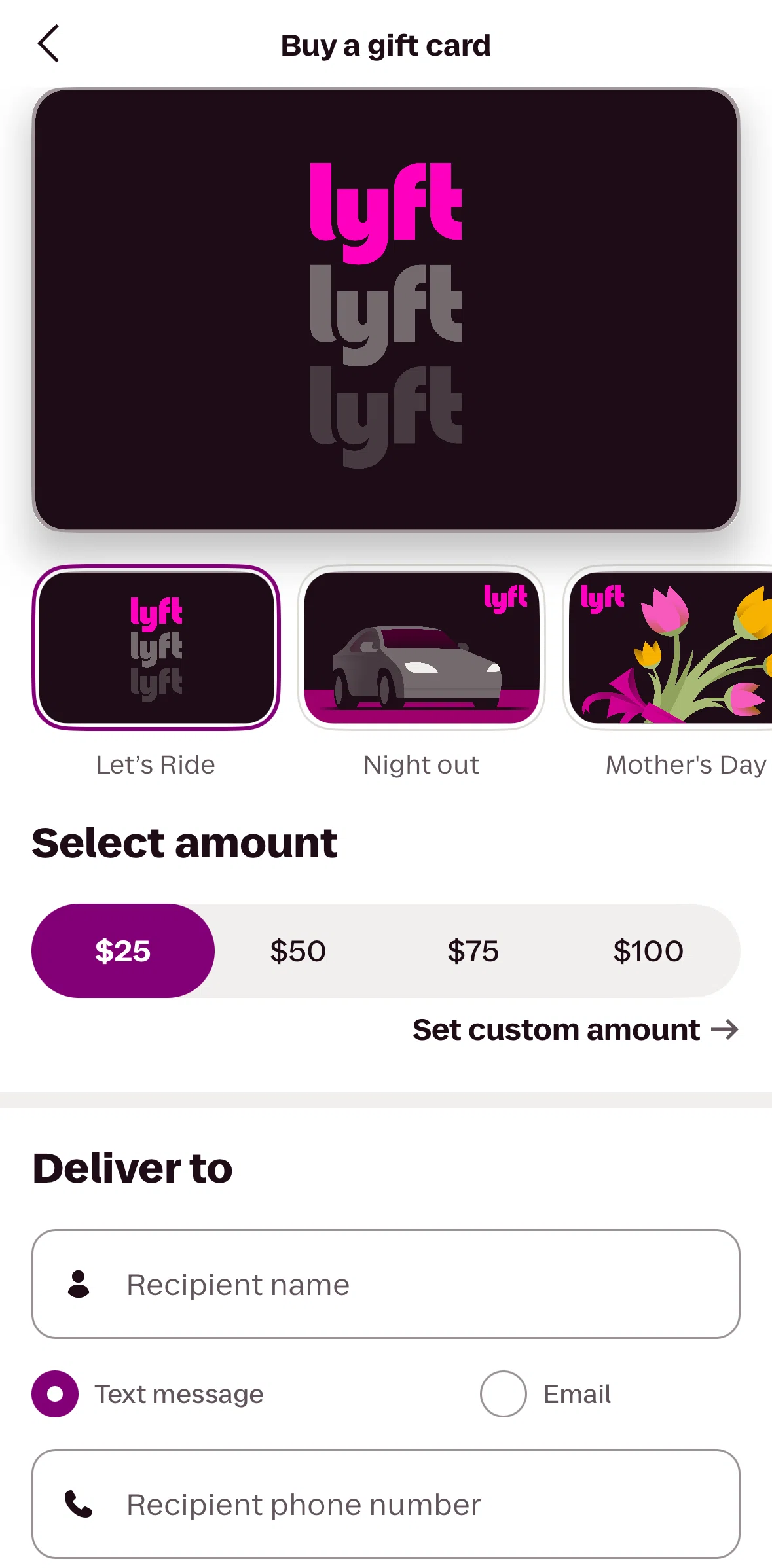 Lyft Screen screen in the Setting a custom amount flow