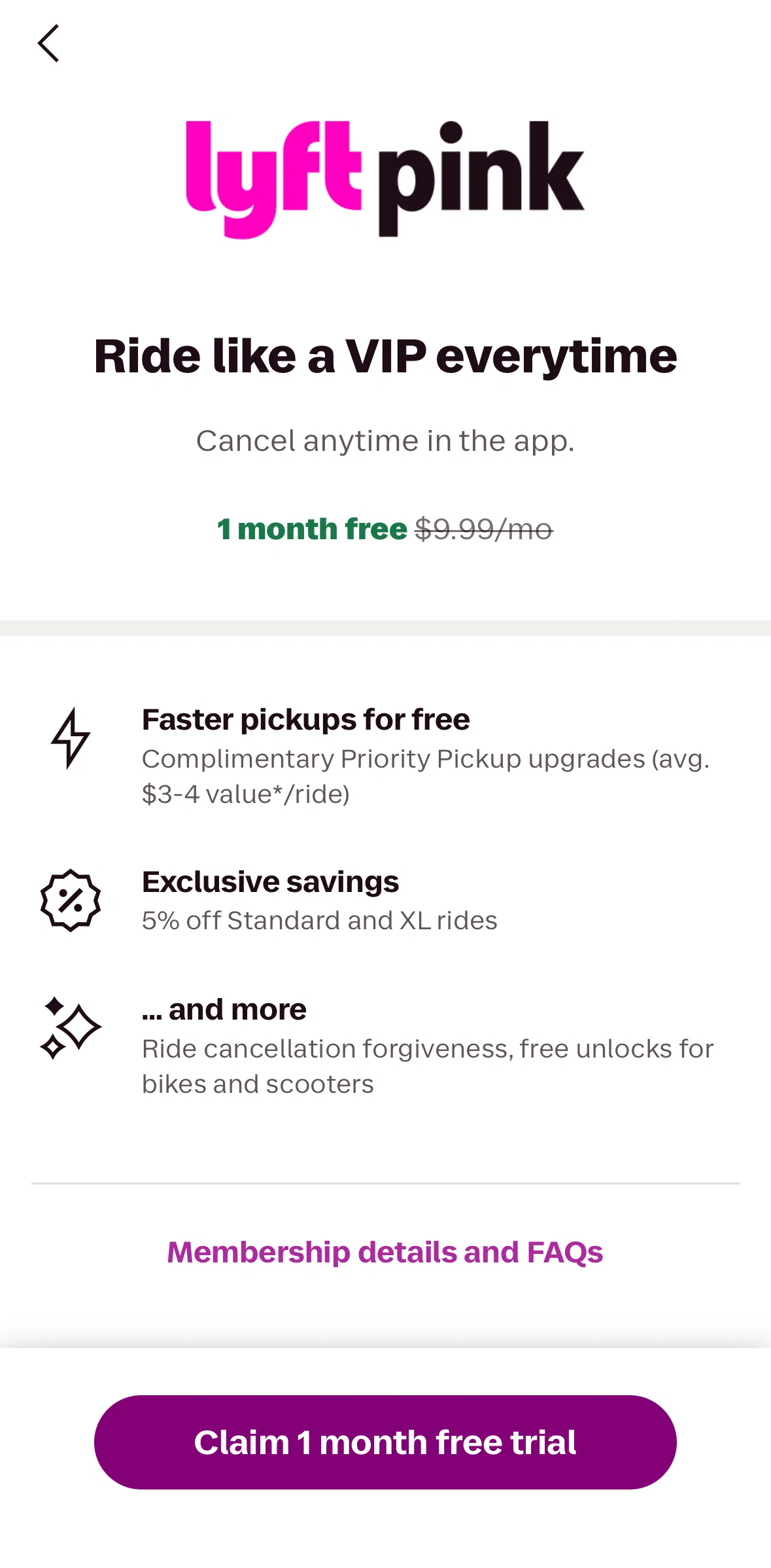 Lyft Screen screen in the Subscribing to Lyft Pink flow
