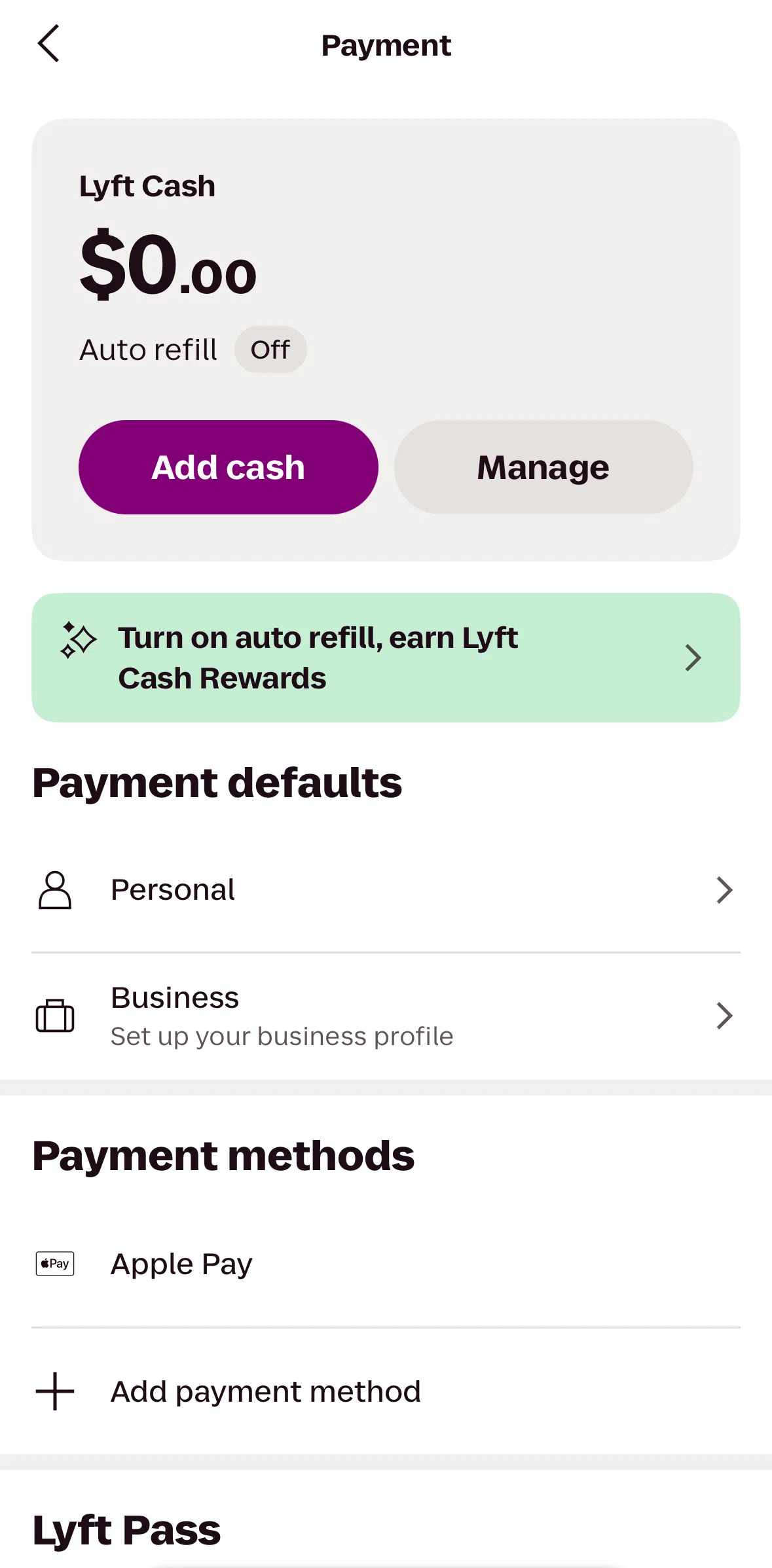 Lyft Screen screen in the Turning on auto-refill flow