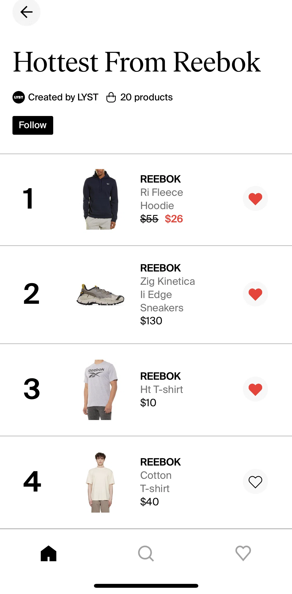 Lyst Screen screen in the Following a list flow