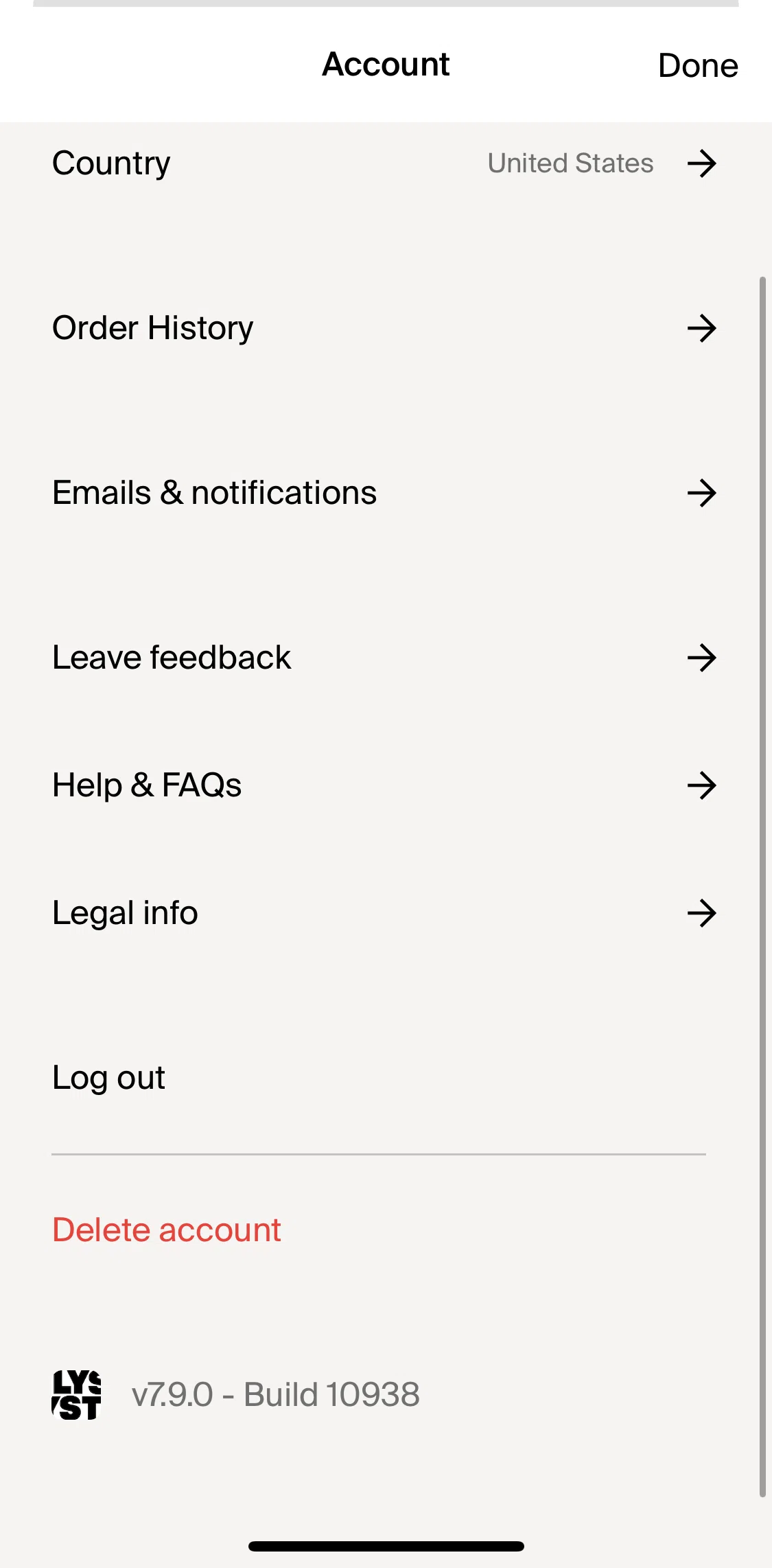 Lyst Screen screen in the Logging out flow