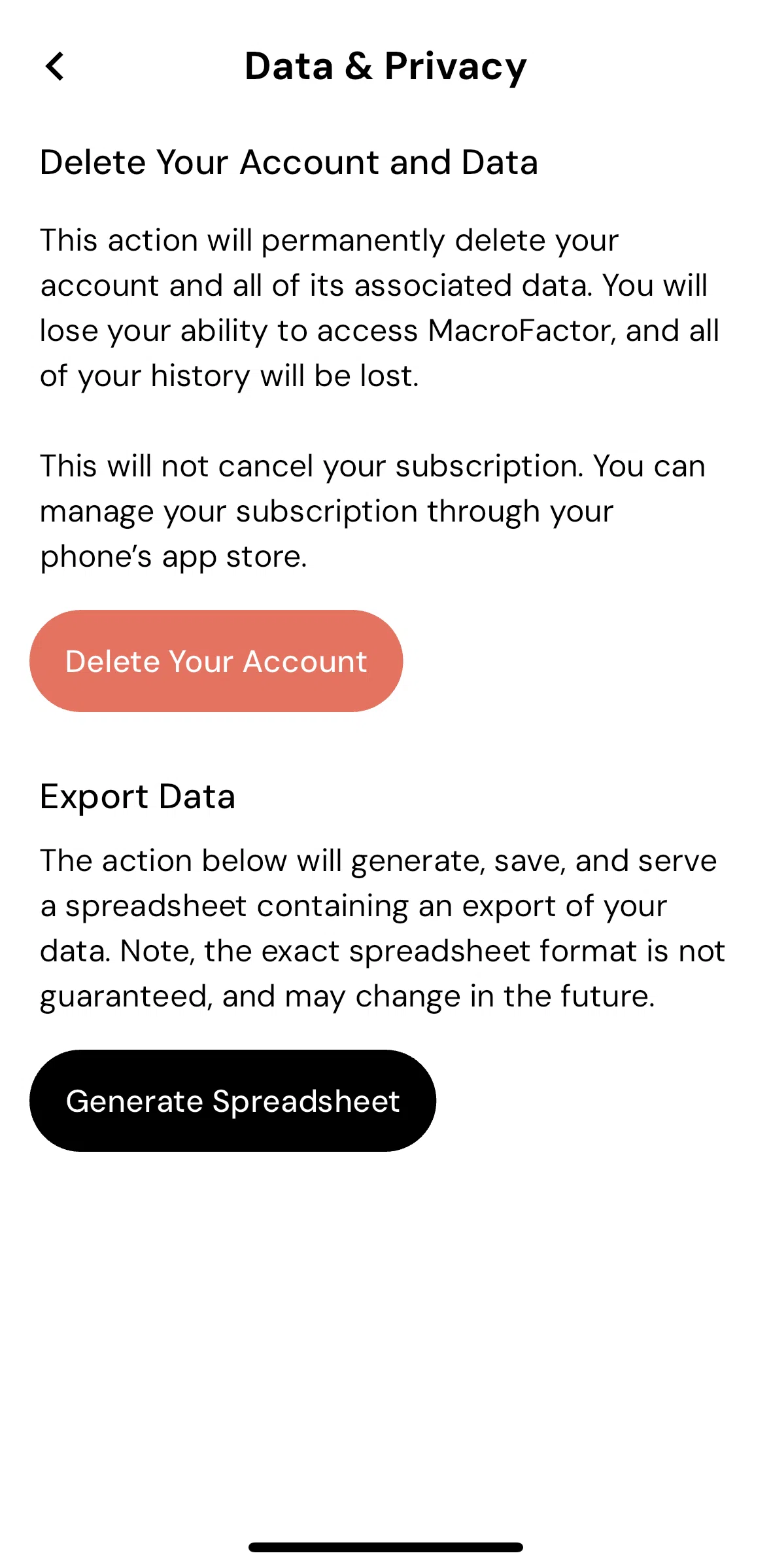 MacroFactor Screen screen in the Export data flow