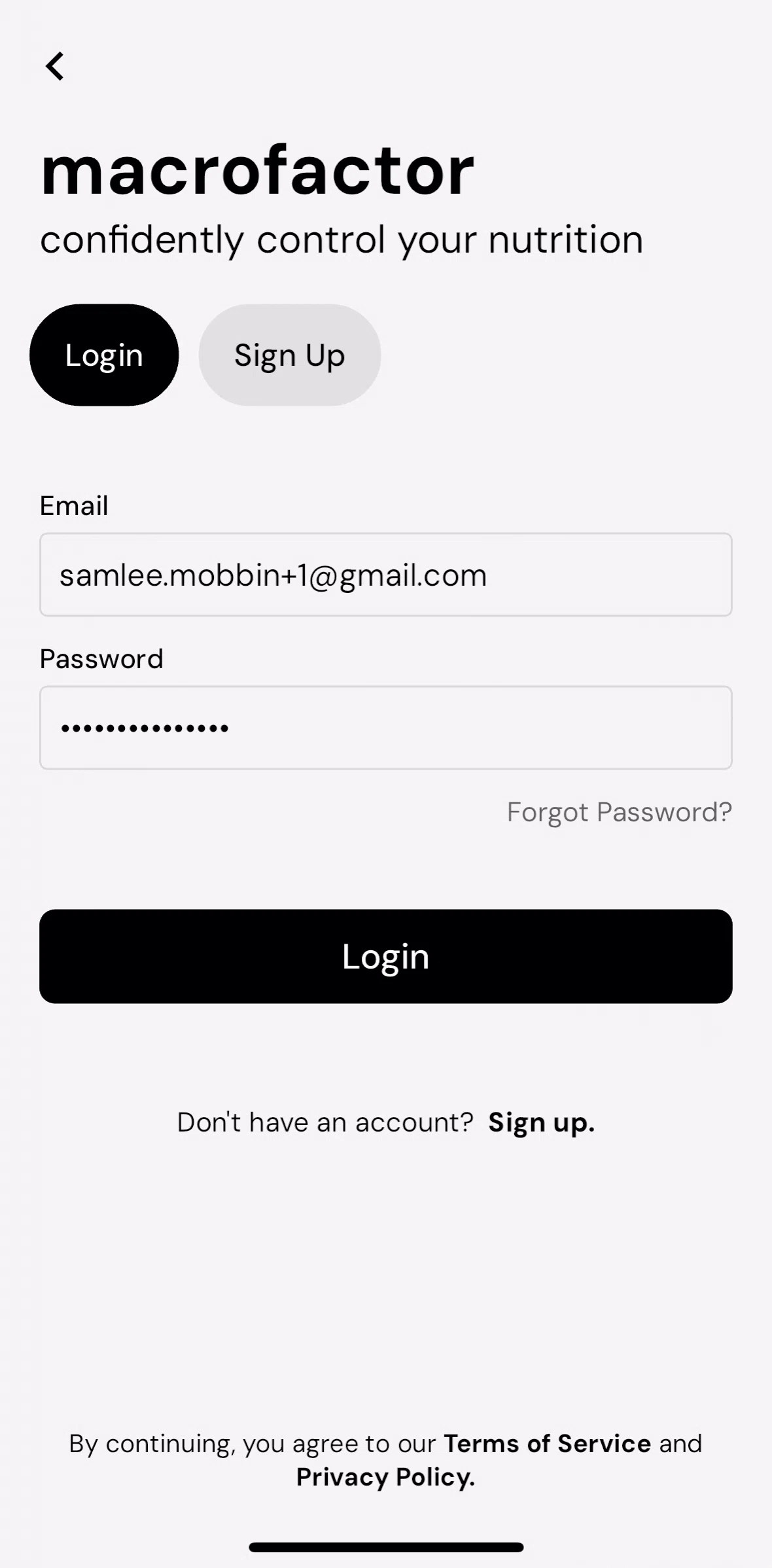 MacroFactor Screen screen in the Forgot password flow