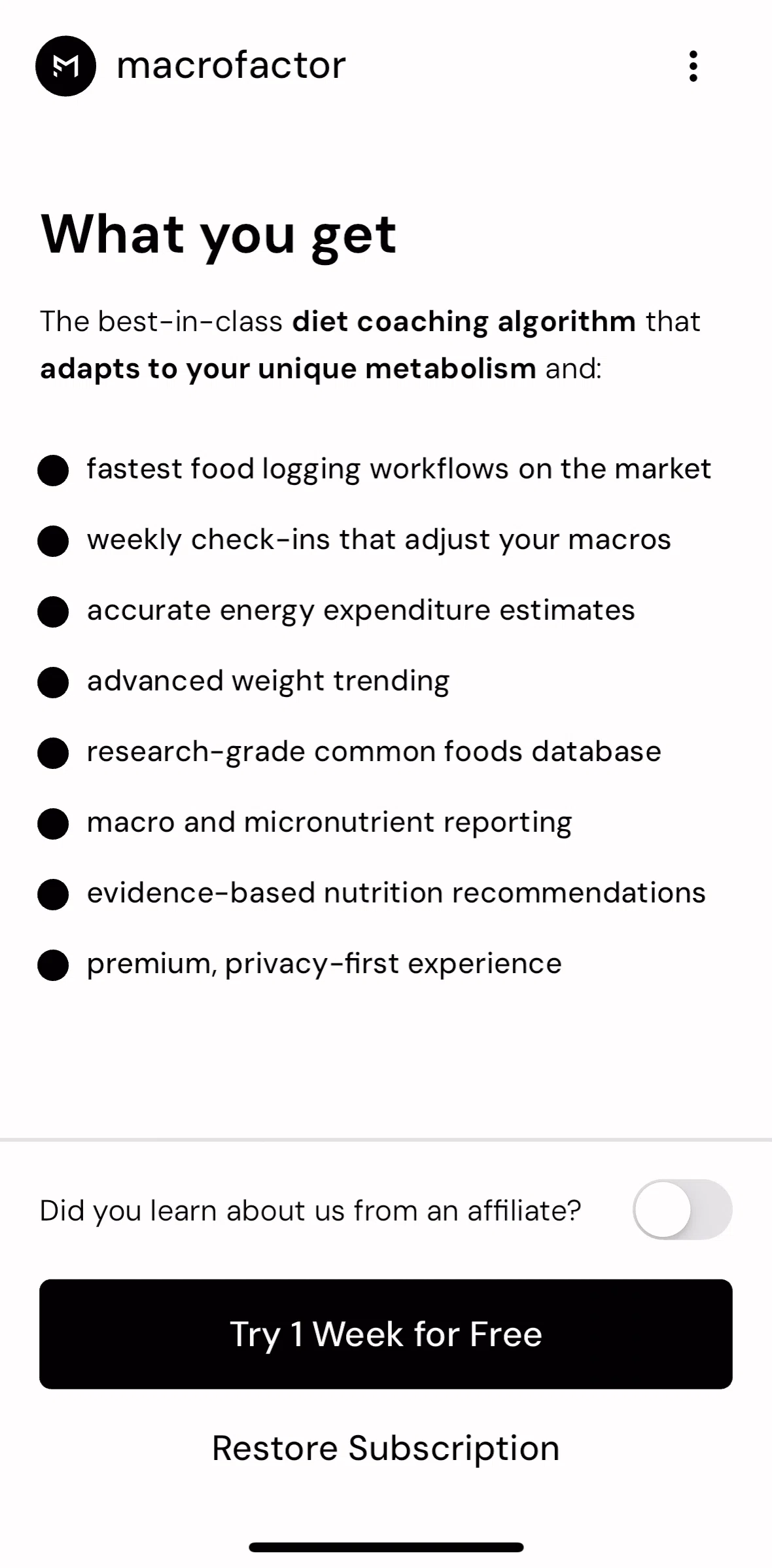 MacroFactor Screen screen in the Subscribing to MacroFactor flow