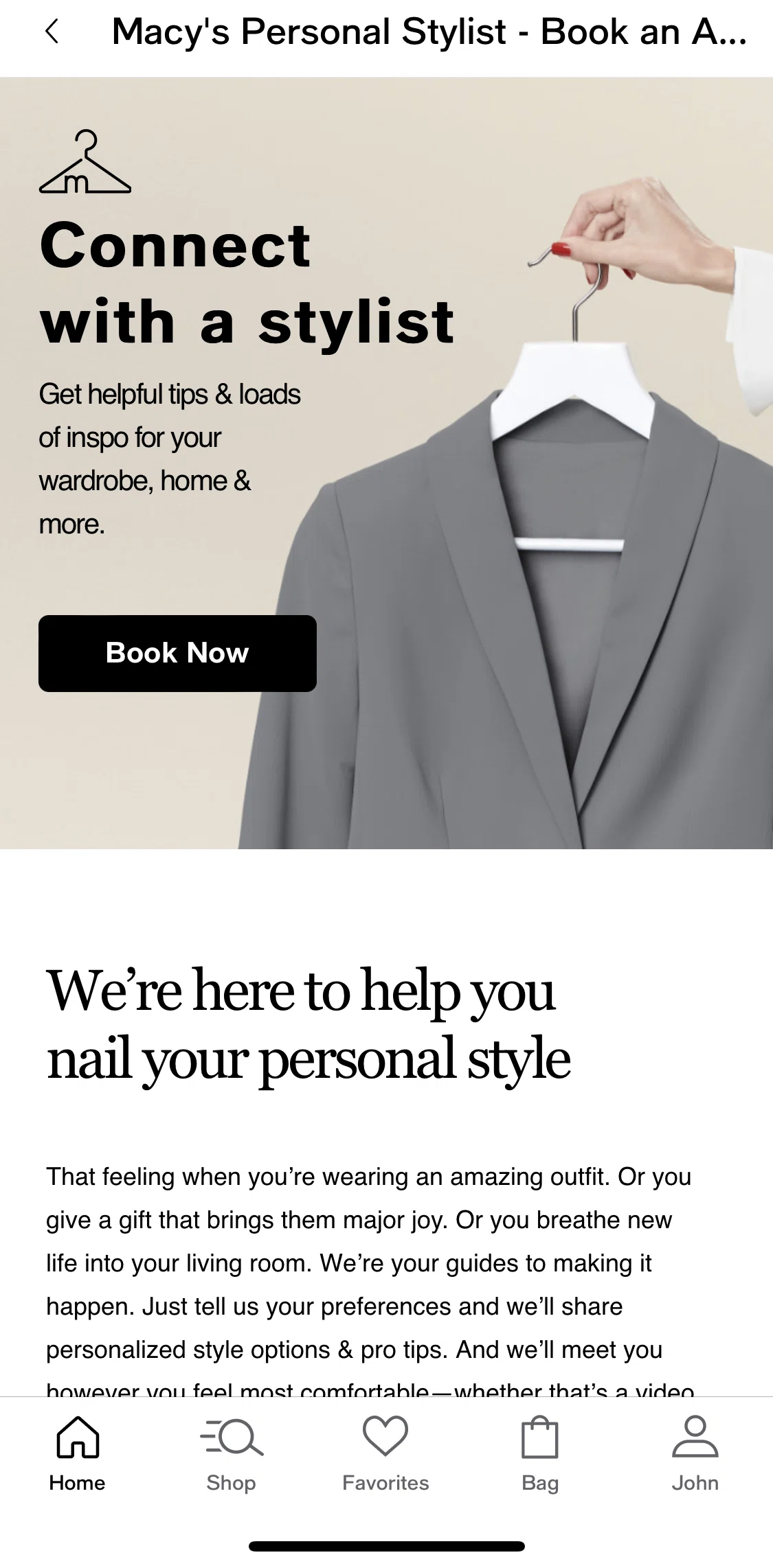 Macy's Screen screen in the Booking a stylist flow