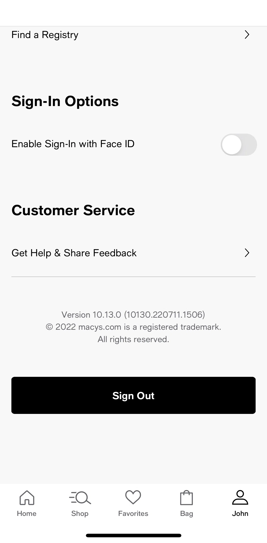 Macy's Screen screen in the Logging out flow