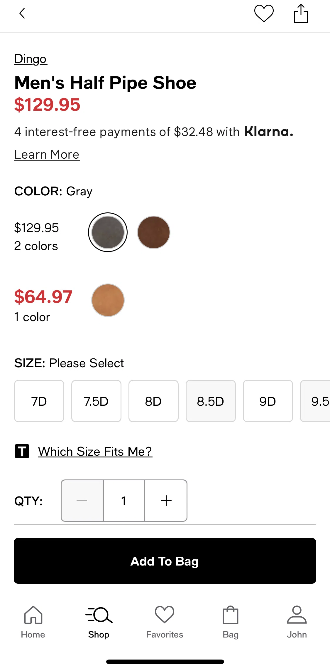 Macy's Screen screen in the Selecting a different shoe color flow
