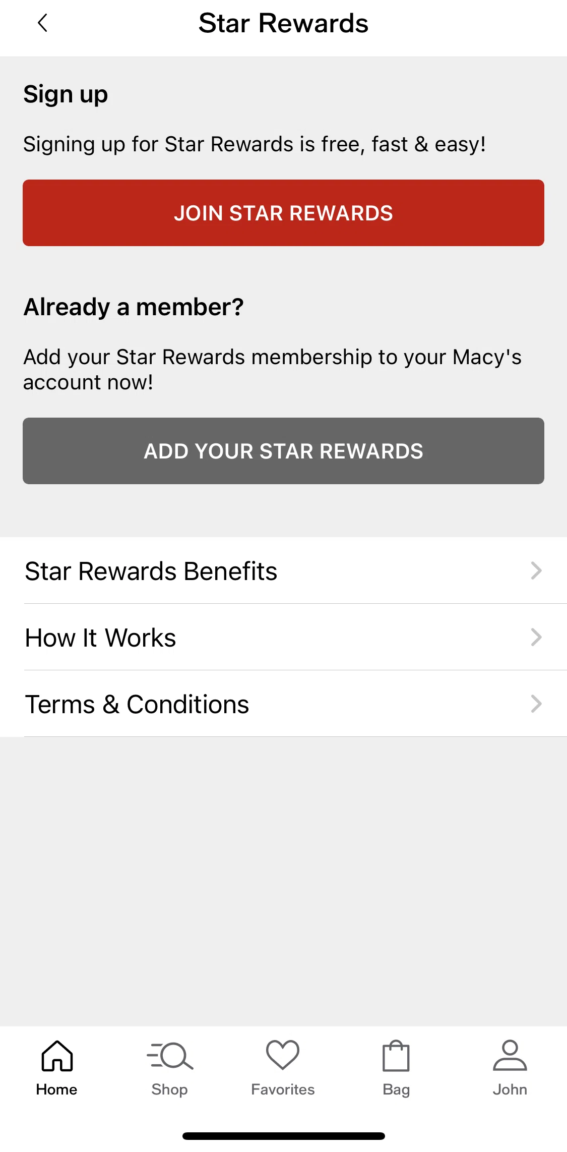 Macy's Screen screen in the Star Rewards Benefits flow