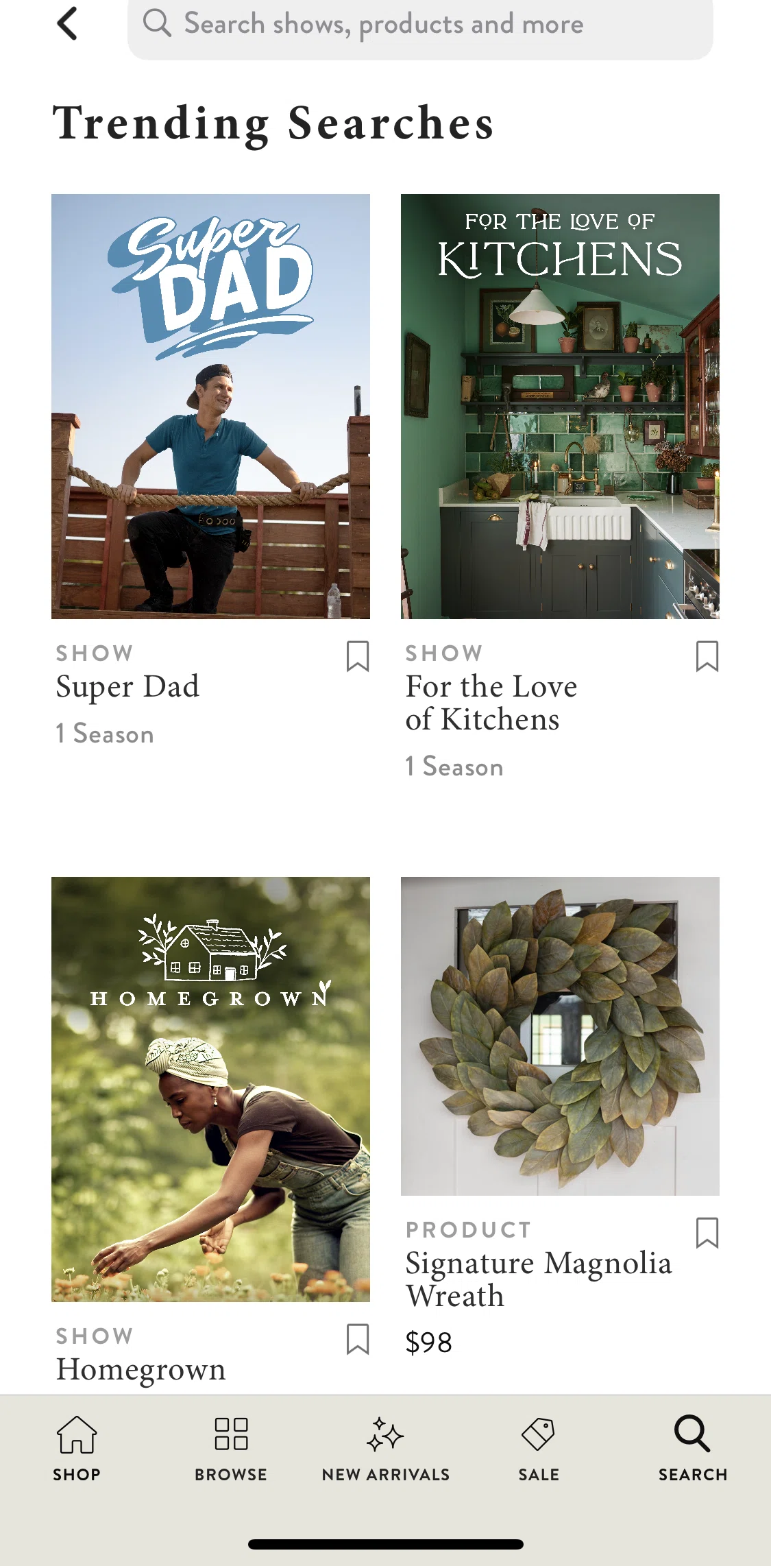 Magnolia Screen screen in the Searching shows, products and more flow
