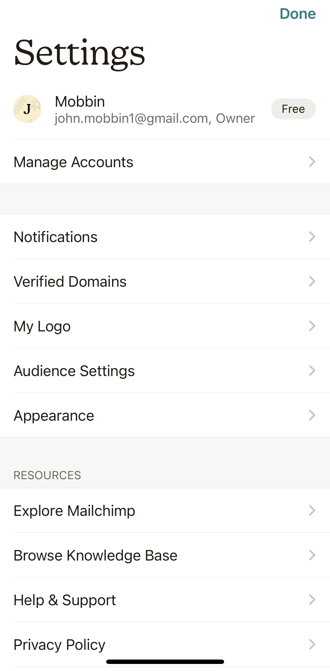 Mailchimp Screen screen in the Accounts flow