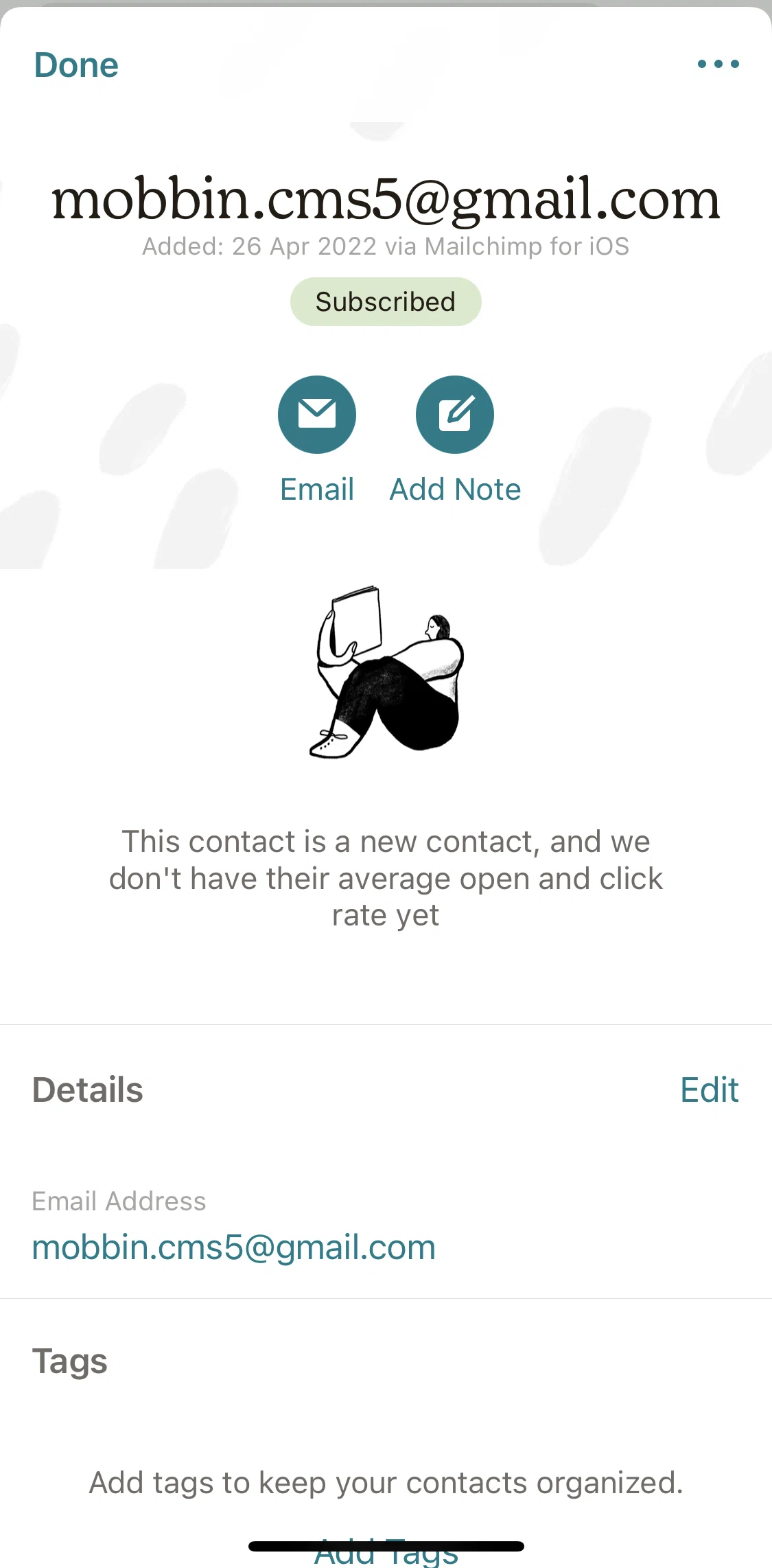 Mailchimp Screen screen in the Adding a note flow