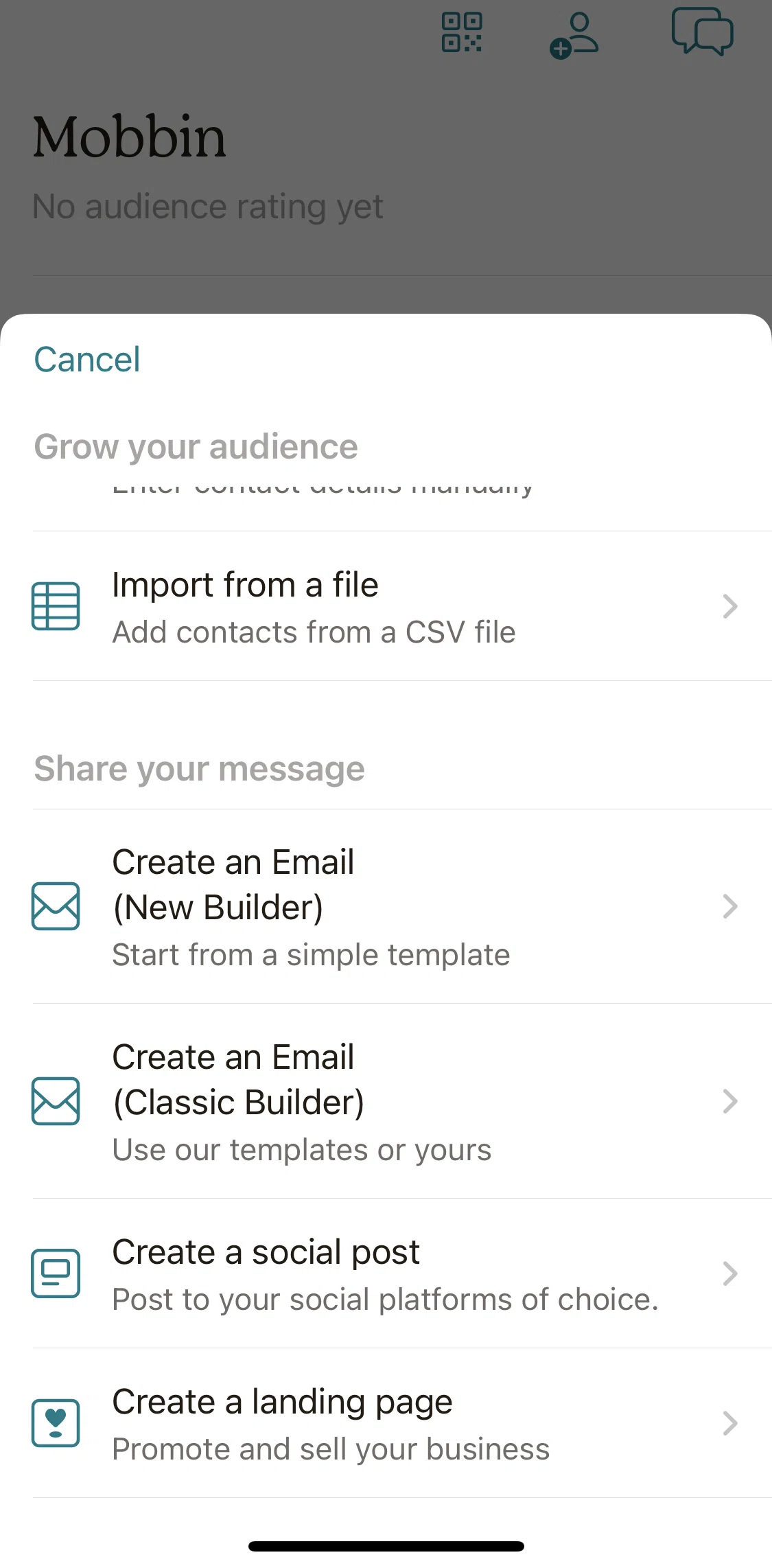 Mailchimp Screen screen in the Creating a landing page flow