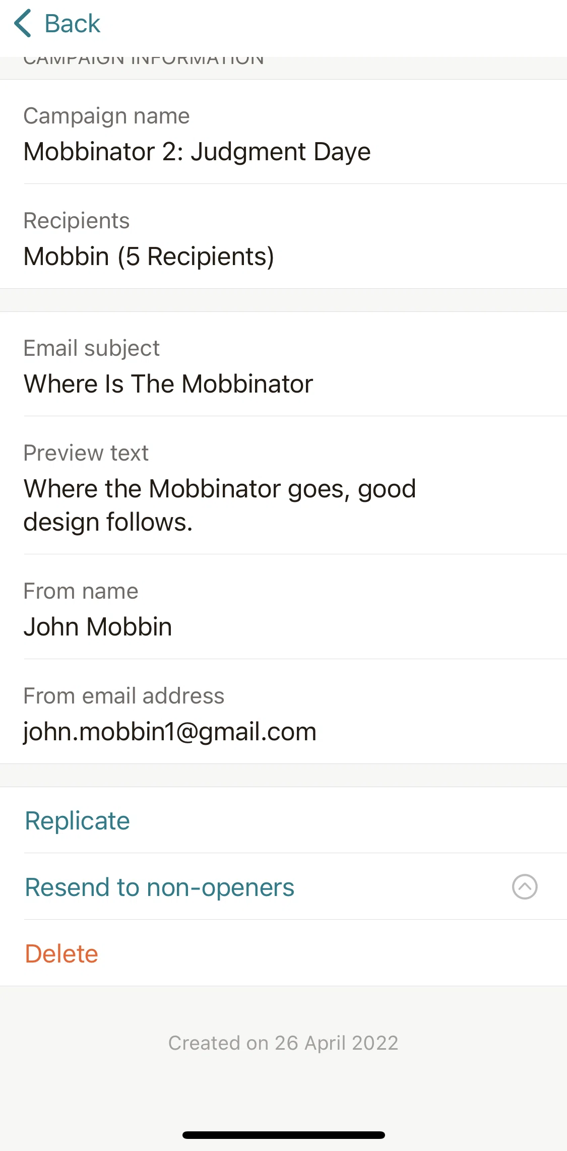 Mailchimp Screen screen in the Resending a campaign email flow