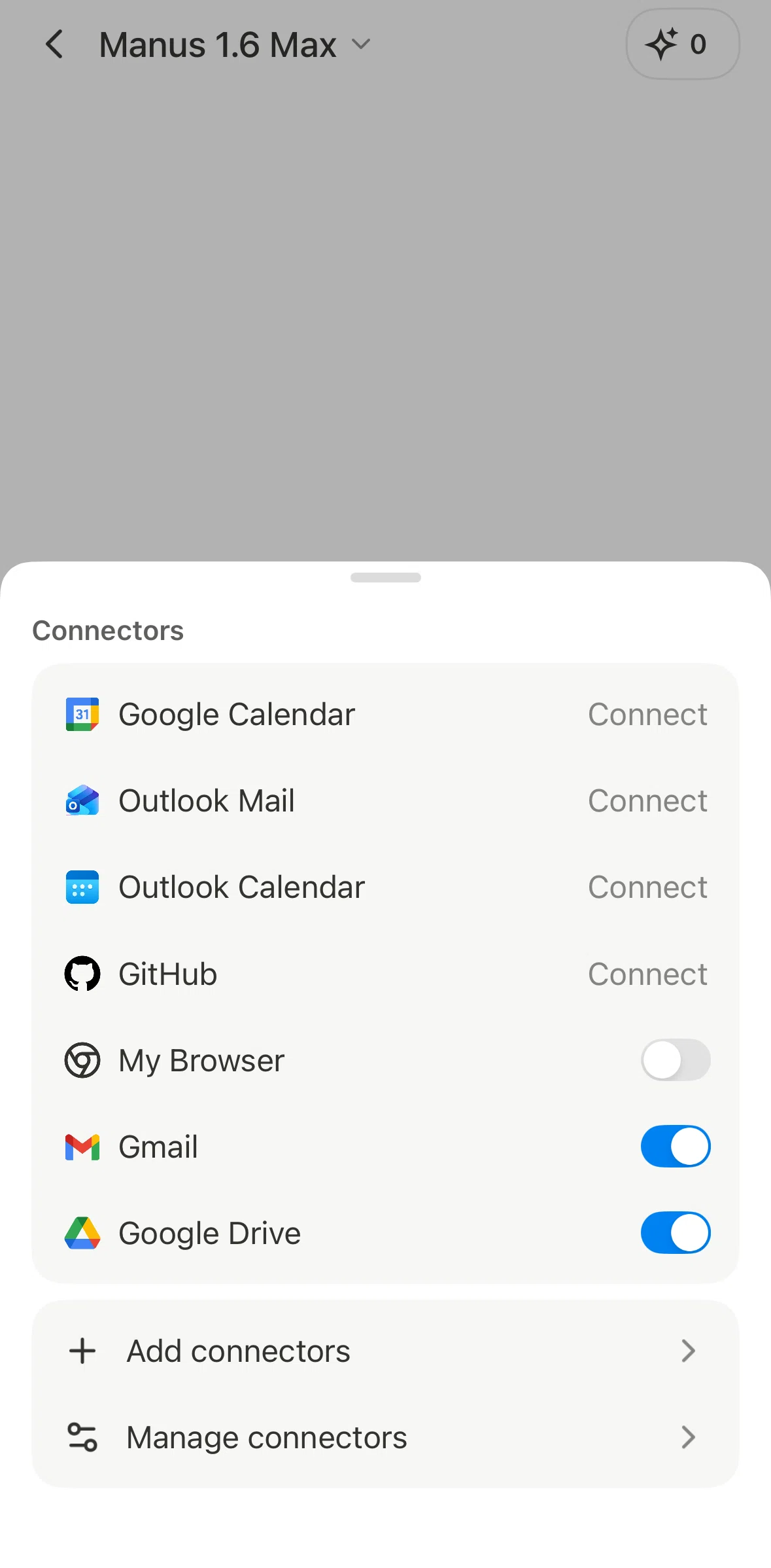 Manus Screen screen in the Add connectors flow