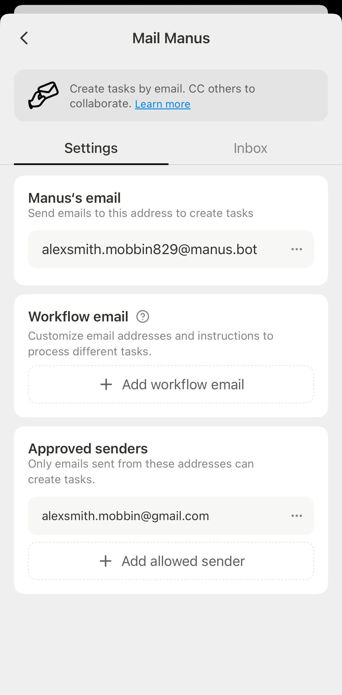Manus Screen screen in the Adding an approved sender flow