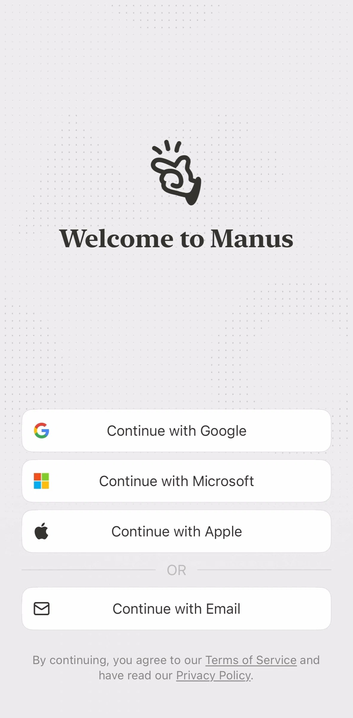Manus Screen screen in the Logging in flow
