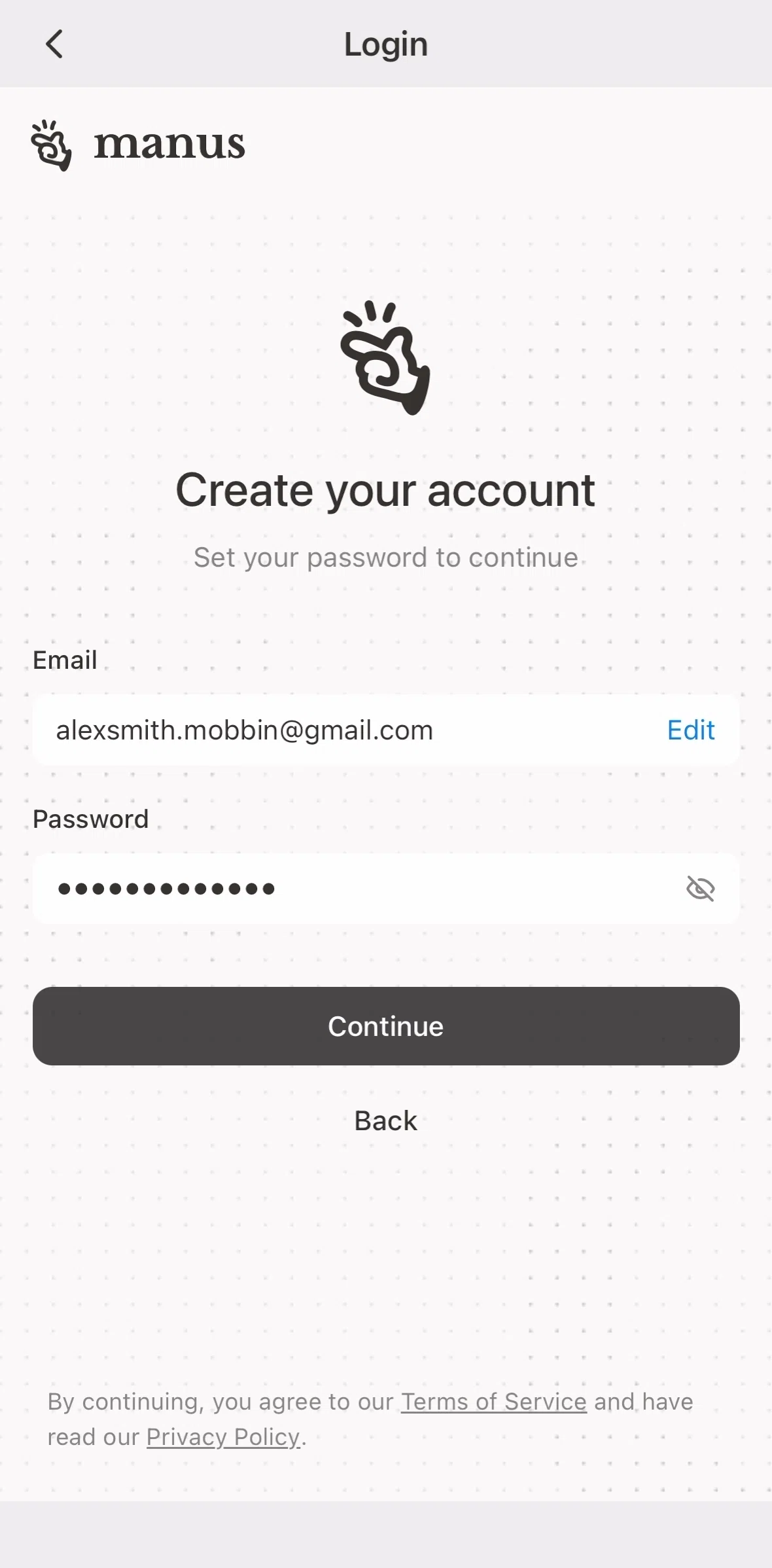 Manus Screen screen in the Verifying account flow