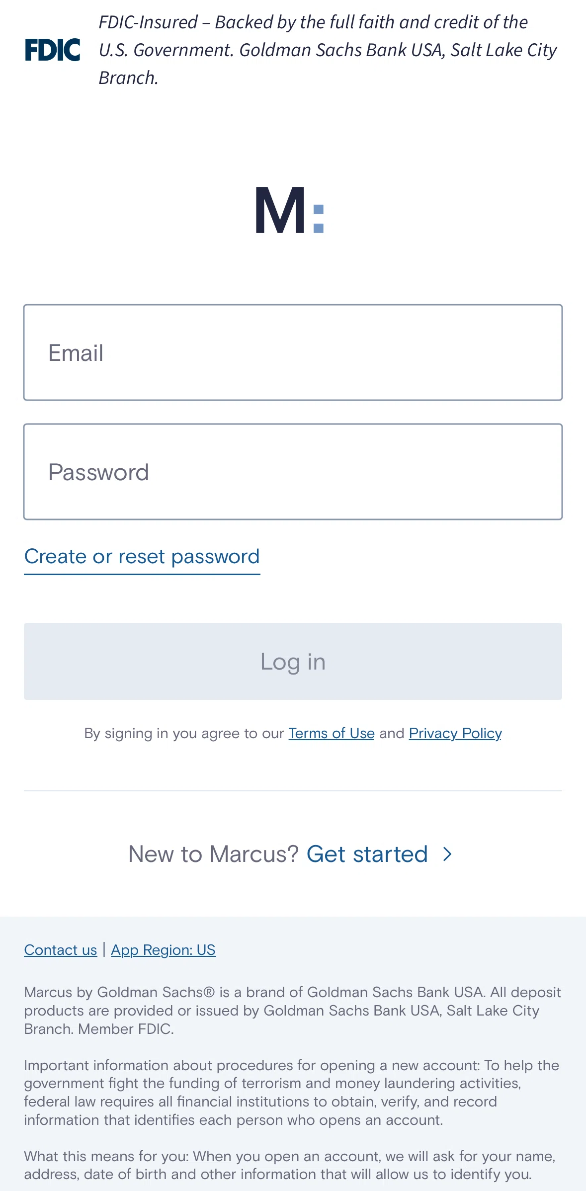 Marcus by Goldman Sachs Screen screen in the Logging in flow