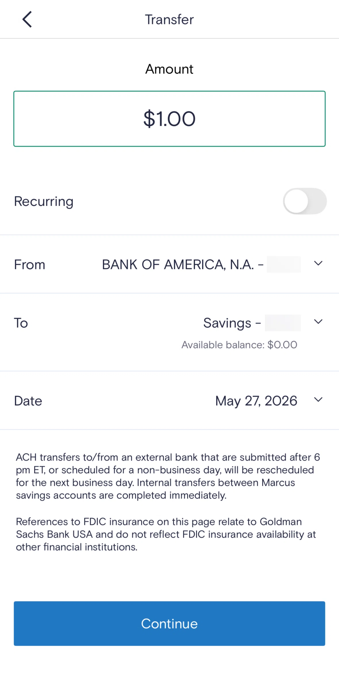 Marcus by Goldman Sachs Screen screen in the Scheduling a recurring transfer flow