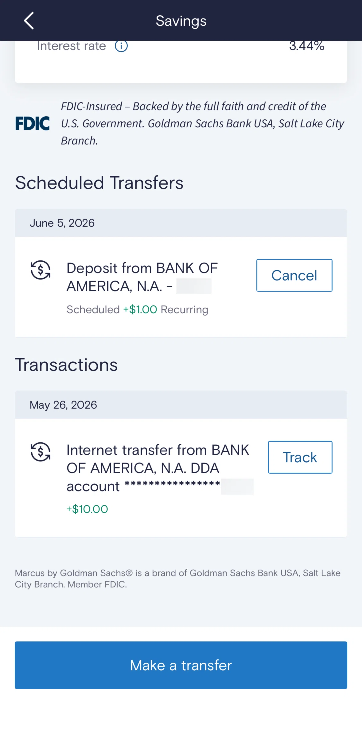 Marcus by Goldman Sachs Screen screen in the Tracking a transfer (scheduled) flow