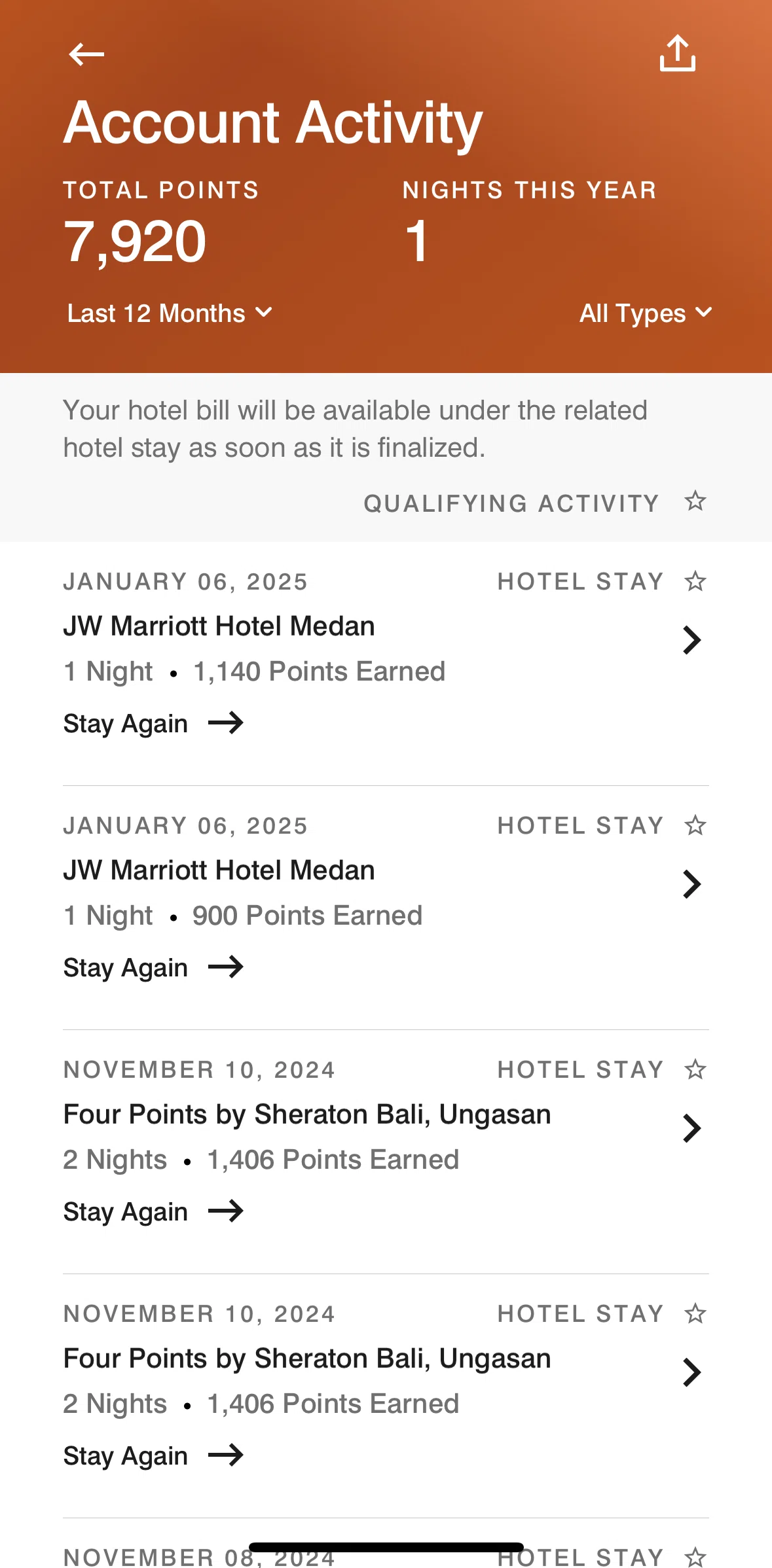 Marriott Bonvoy Screen screen in the Activity detail flow