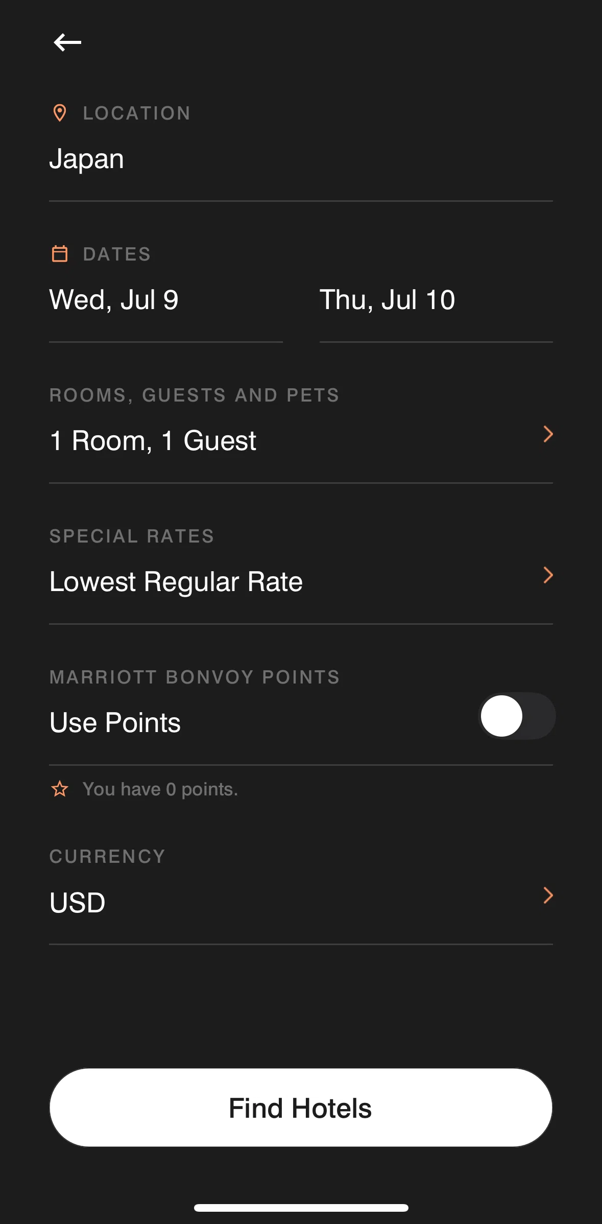 Marriott Bonvoy Screen screen in the Changing number of guest flow