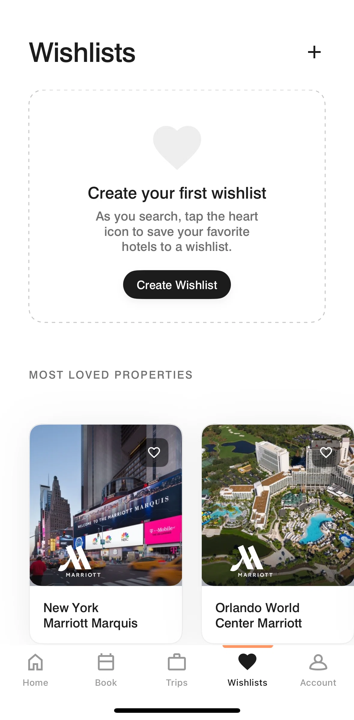 Marriott Bonvoy Screen screen in the Creating a wishlist flow