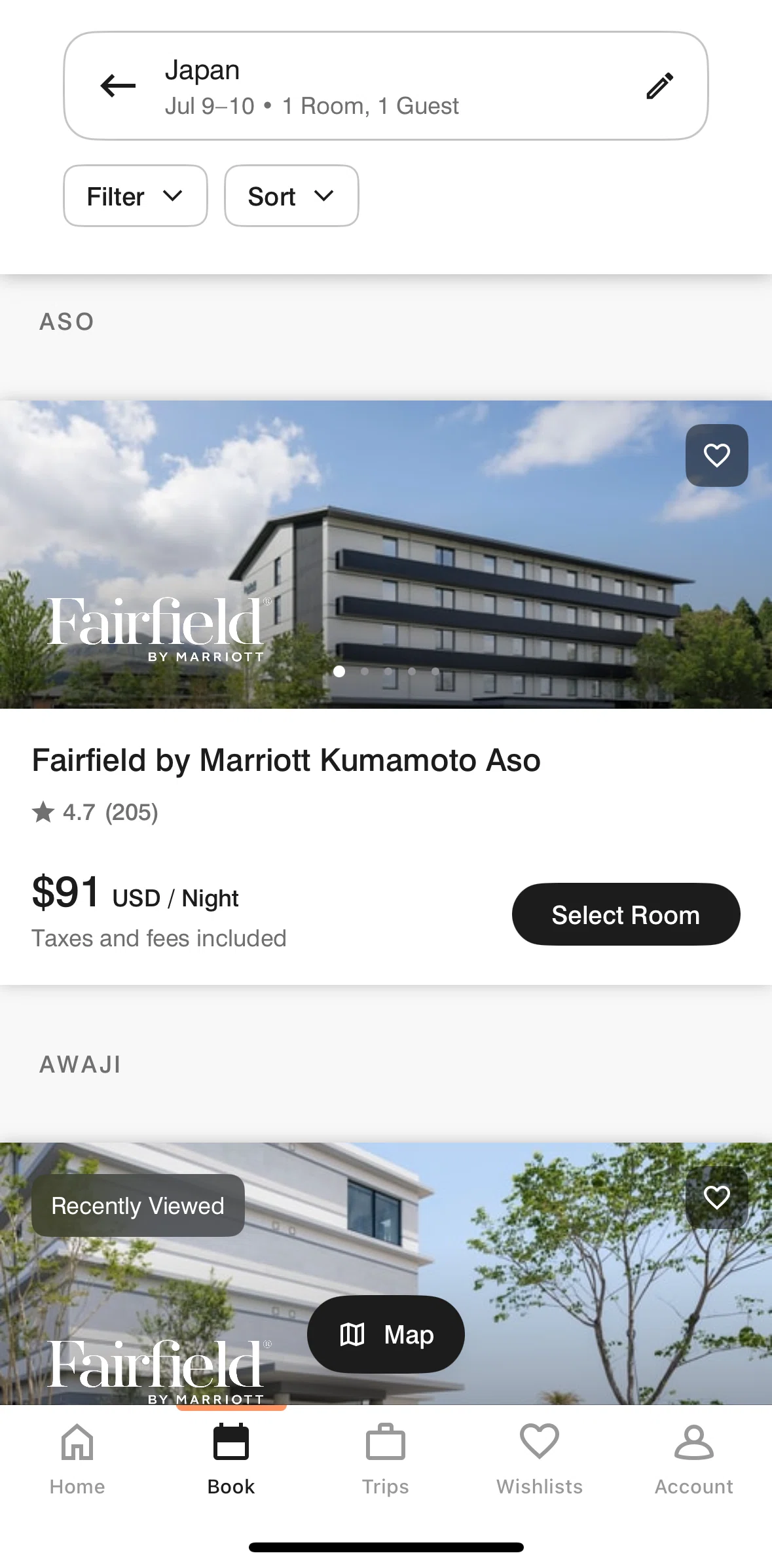 Marriott Bonvoy Screen screen in the Filtering and sorting hotels flow
