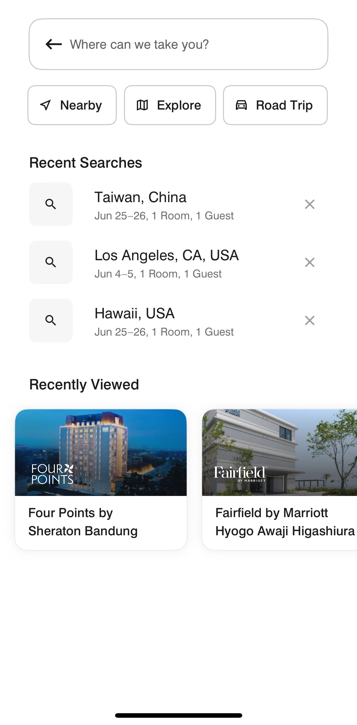 Marriott Bonvoy Screen screen in the Searching road trip flow