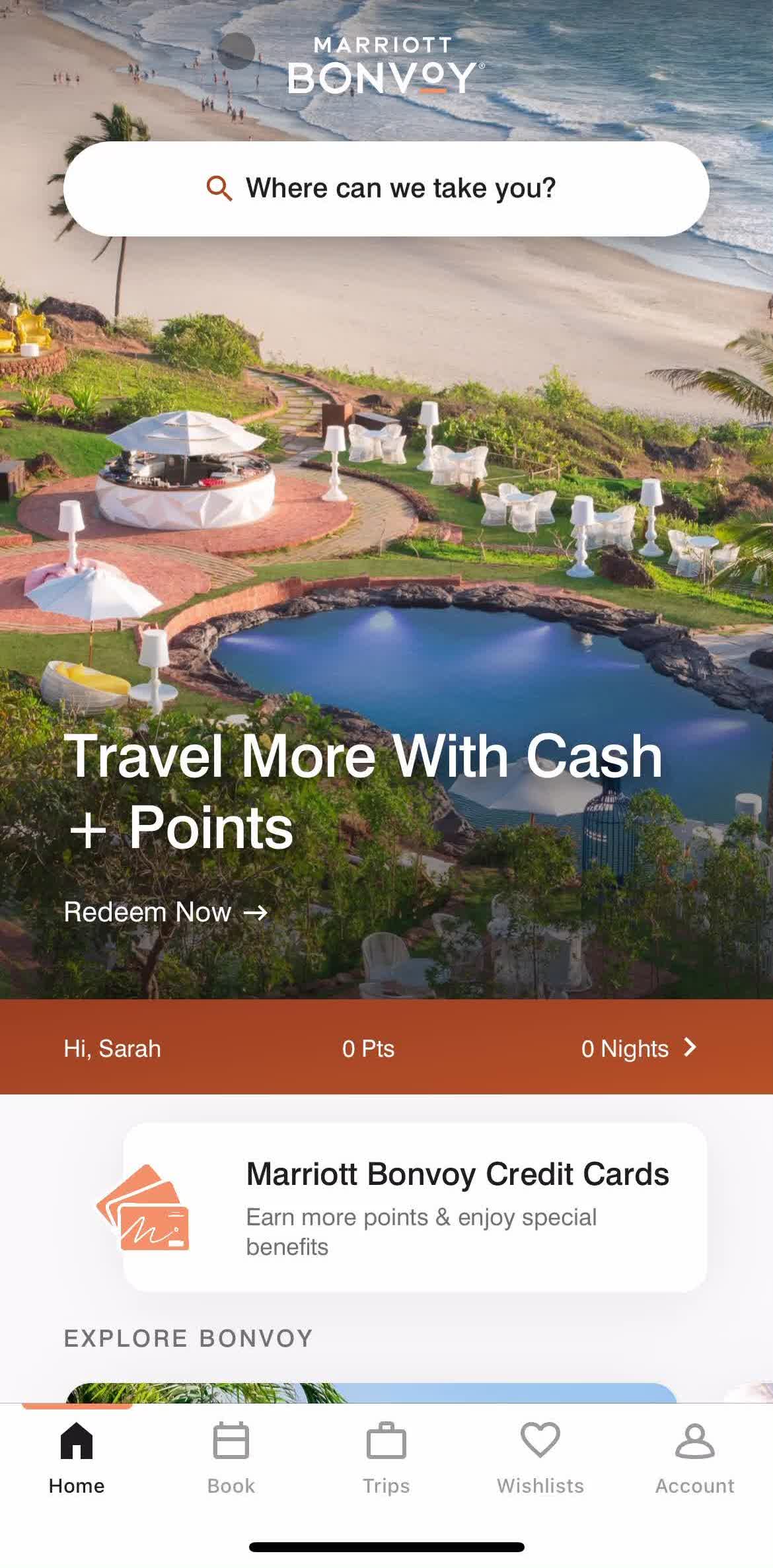 Marriott Bonvoy Home screen in the Searching flow