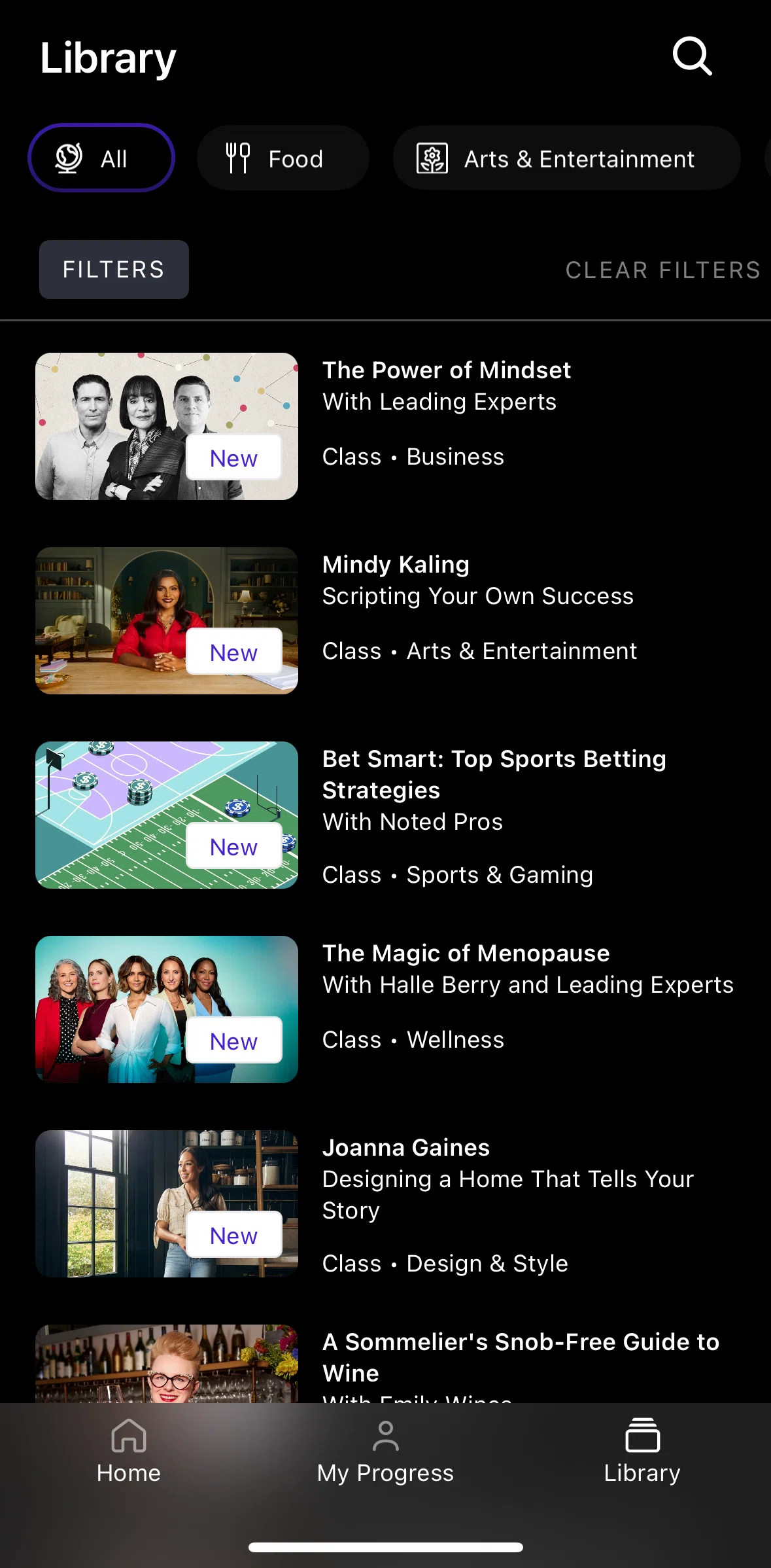 Masterclass Screen screen in the Filtering library flow