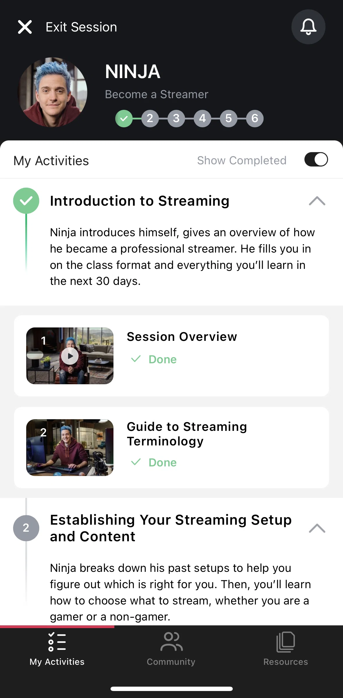 Masterclass Screen screen in the Hiding completed activities flow