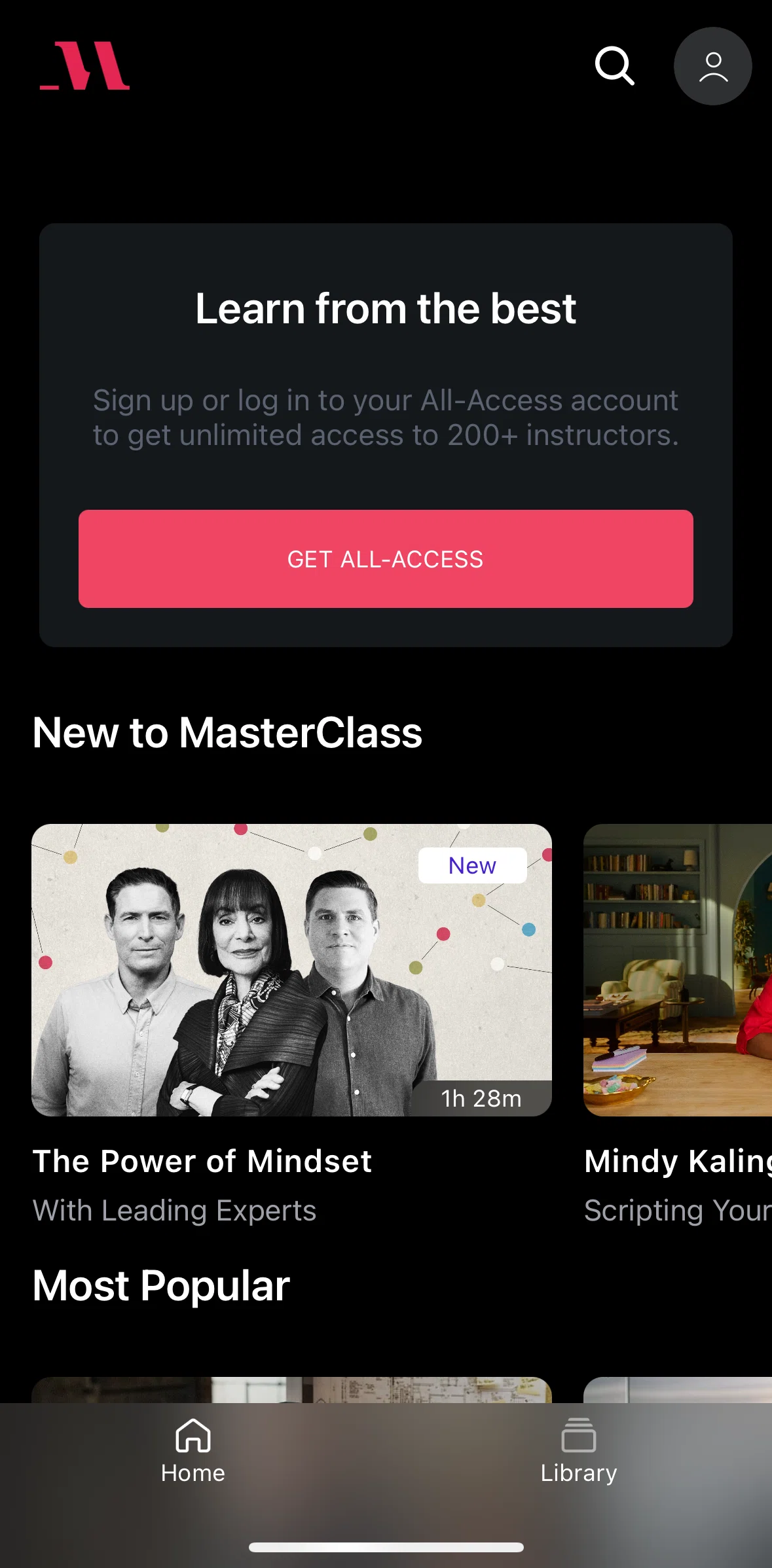 Masterclass Screen screen in the Logging in flow