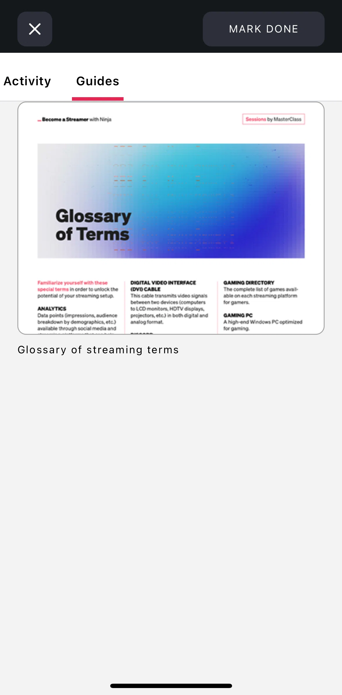 Masterclass Screen screen in the Marking an activity as done flow