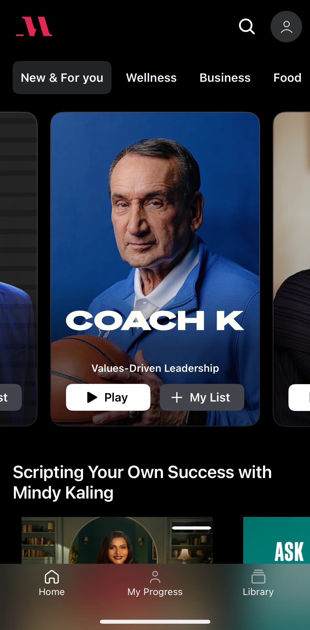 Masterclass Screen screen in the My progress flow