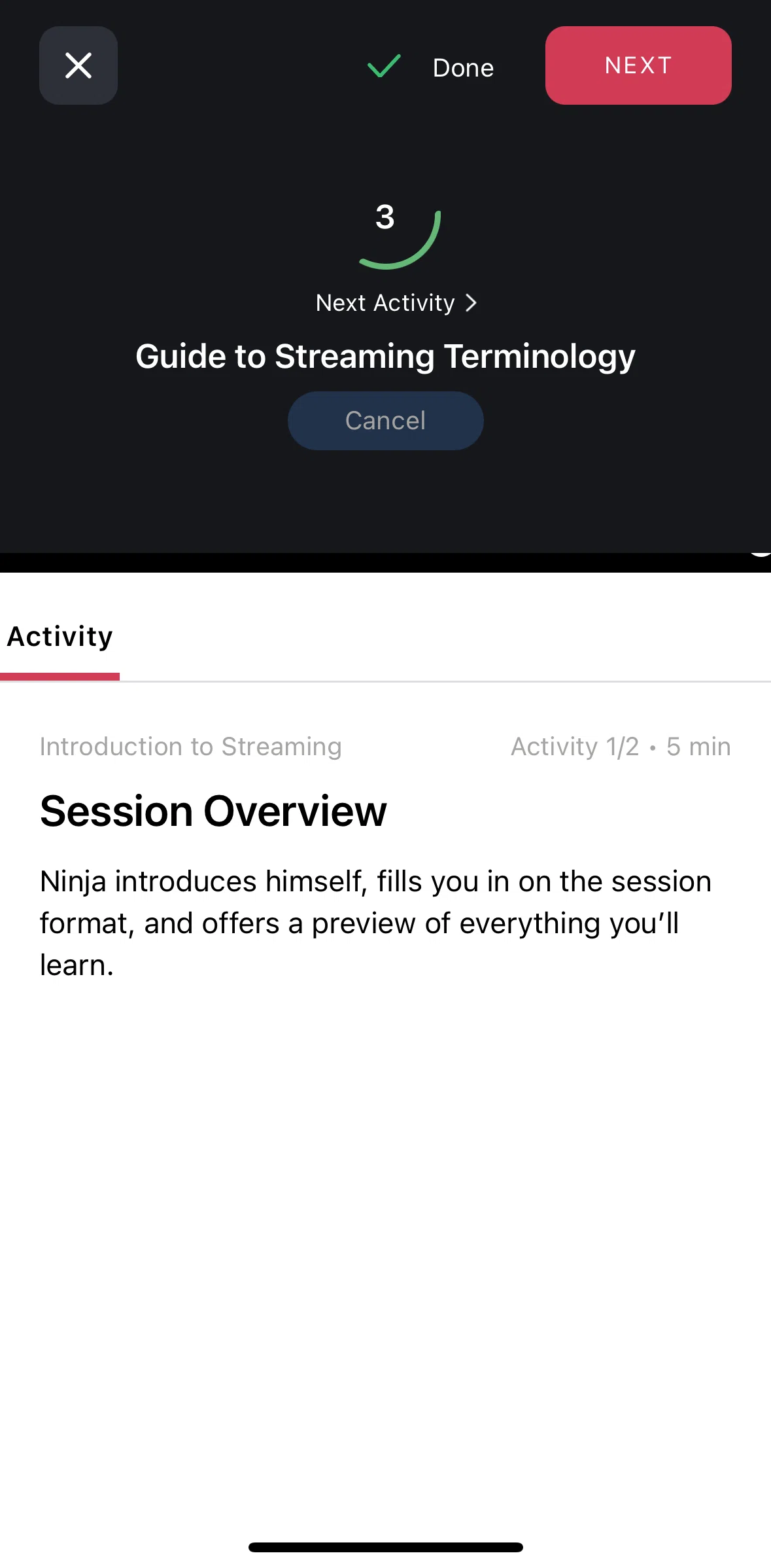 Masterclass Screen screen in the Proceeding to next activity flow